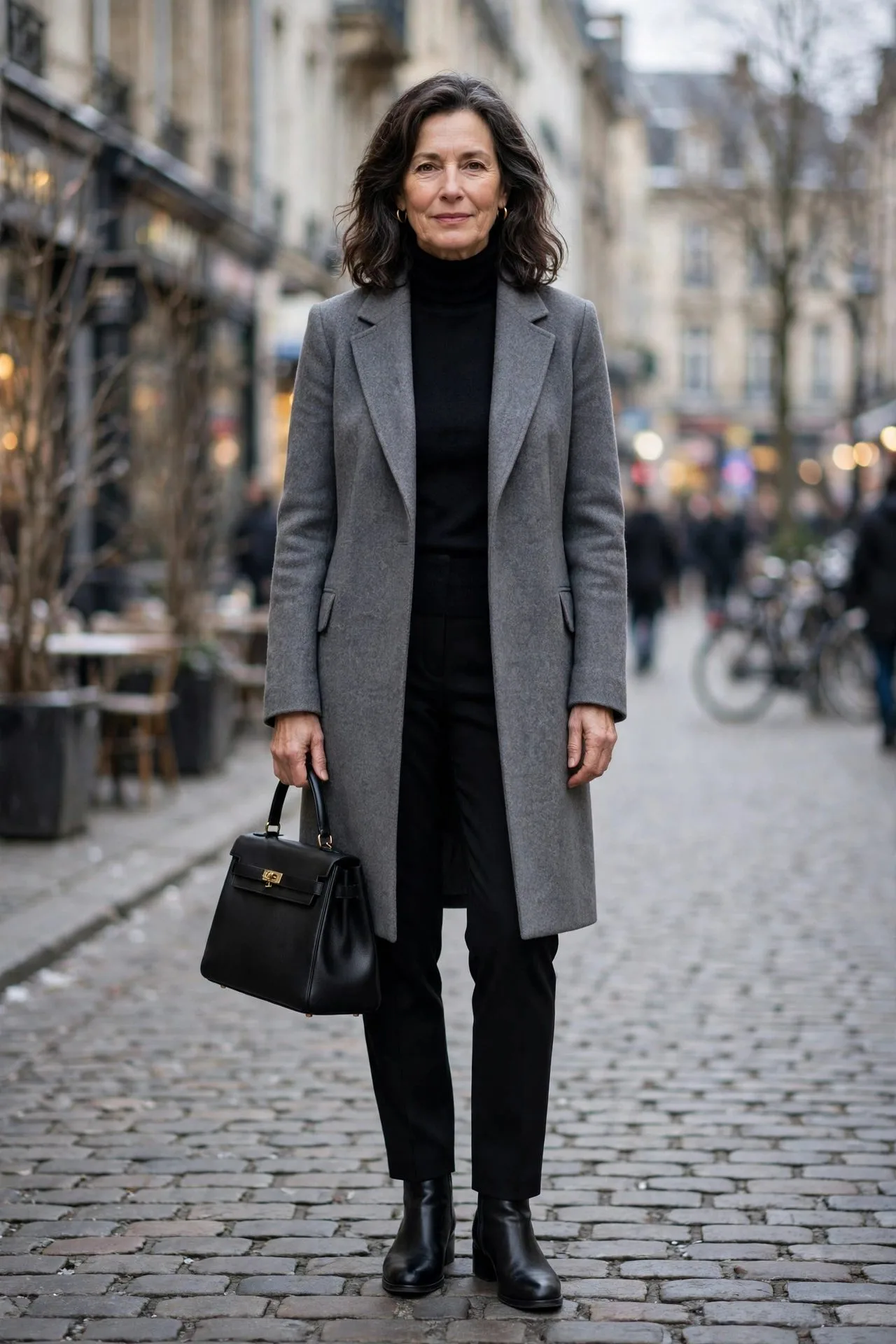 Woman over 50 in grey wool coat and black turtleneck on a winter street