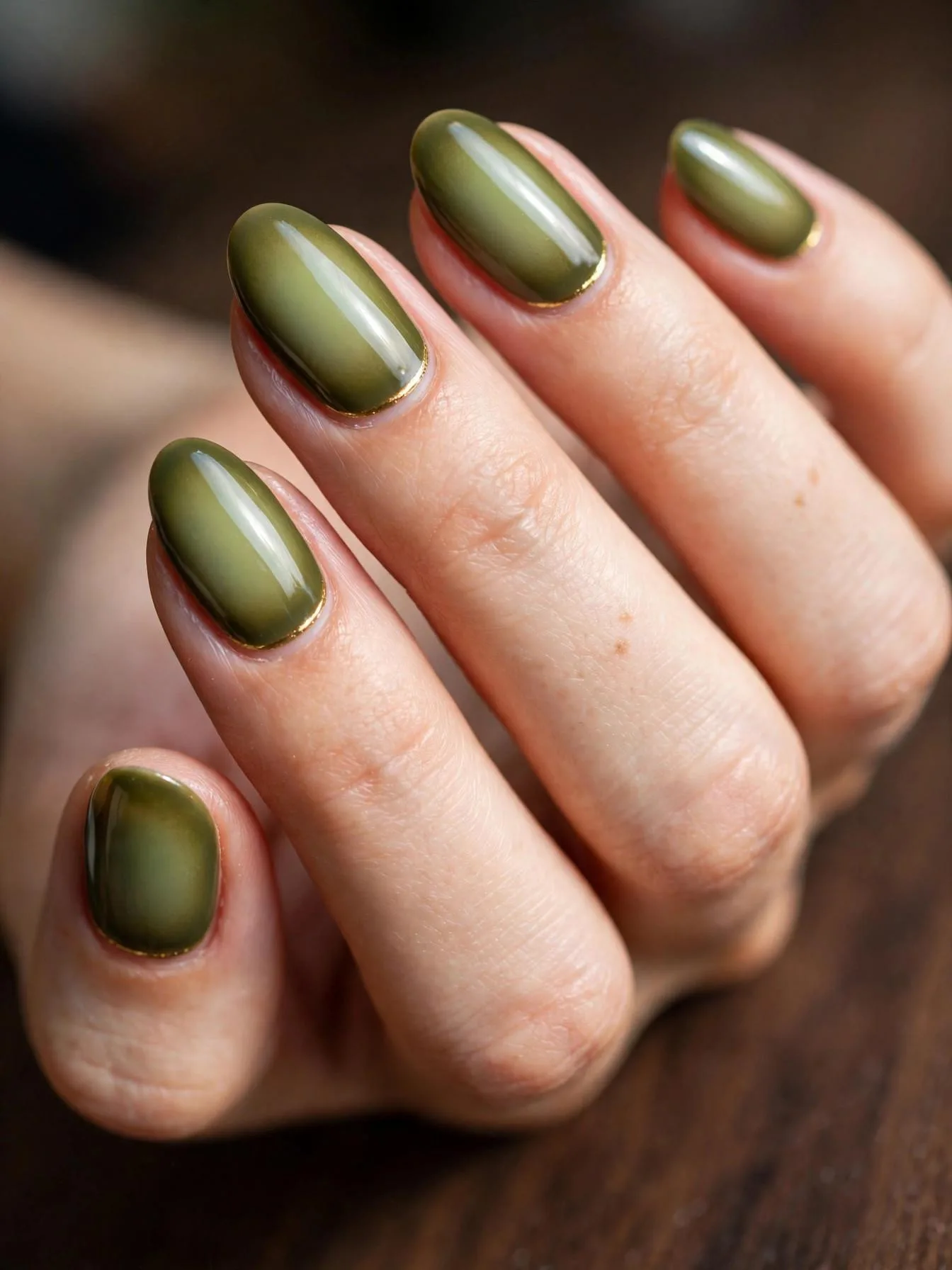 Medium almond nails with olive green aura and gold chrome line.