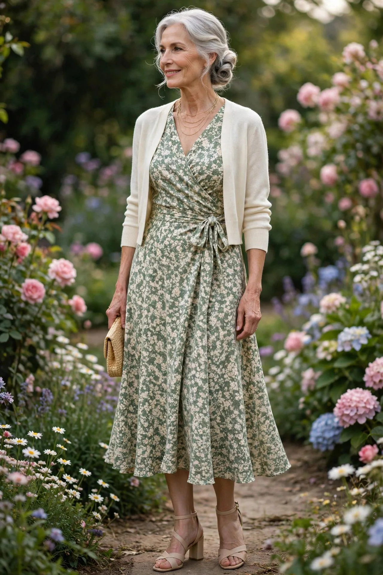 Woman in her early 60s in a sage green ditsy floral wrap dress with a cream cropped cardigan, block-heel sandals, a straw clutch and delicate gold necklaces.