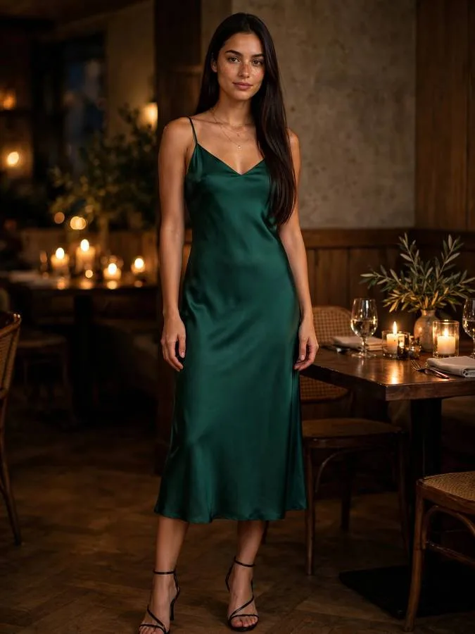 A woman wearing an emerald satin slip dress with strappy heels.