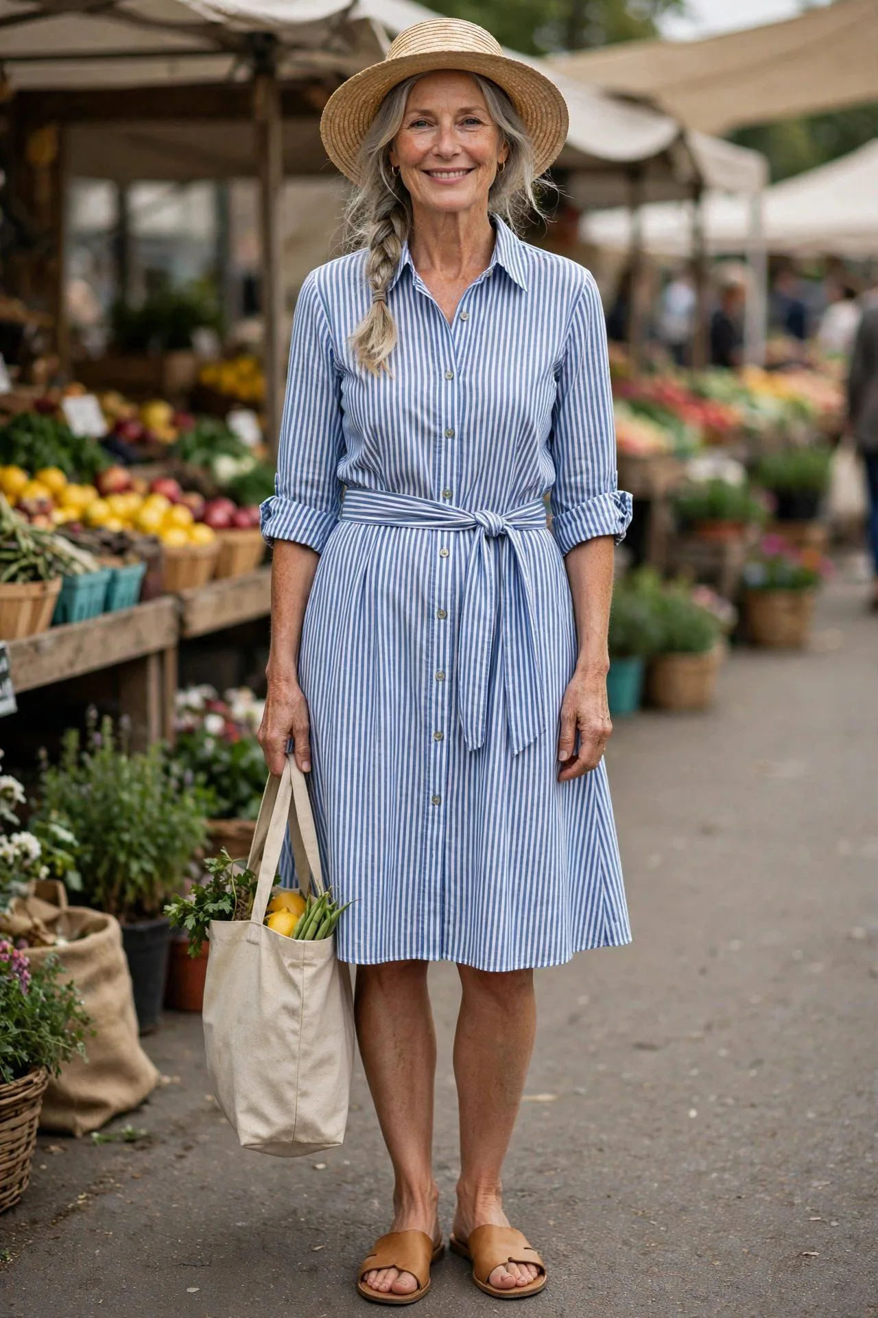 Woman in her late 50s in a blue-and-white ticking stripe shirtdress with a tied waist belt, elbow-length rolled sleeves, a straw hat and tan slide sandals.