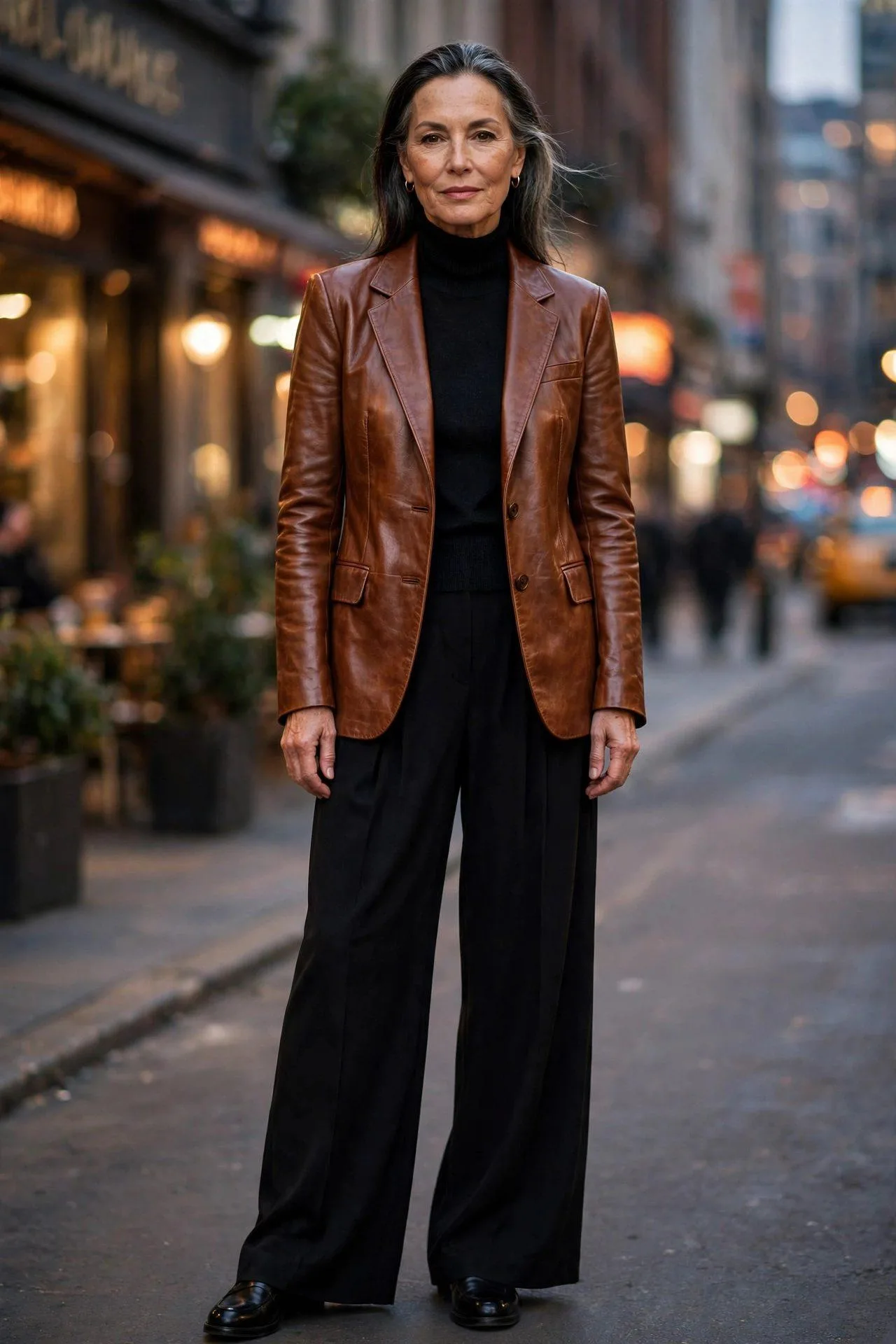 Confident woman over 50 in brown leather jacket with black sweater and pants