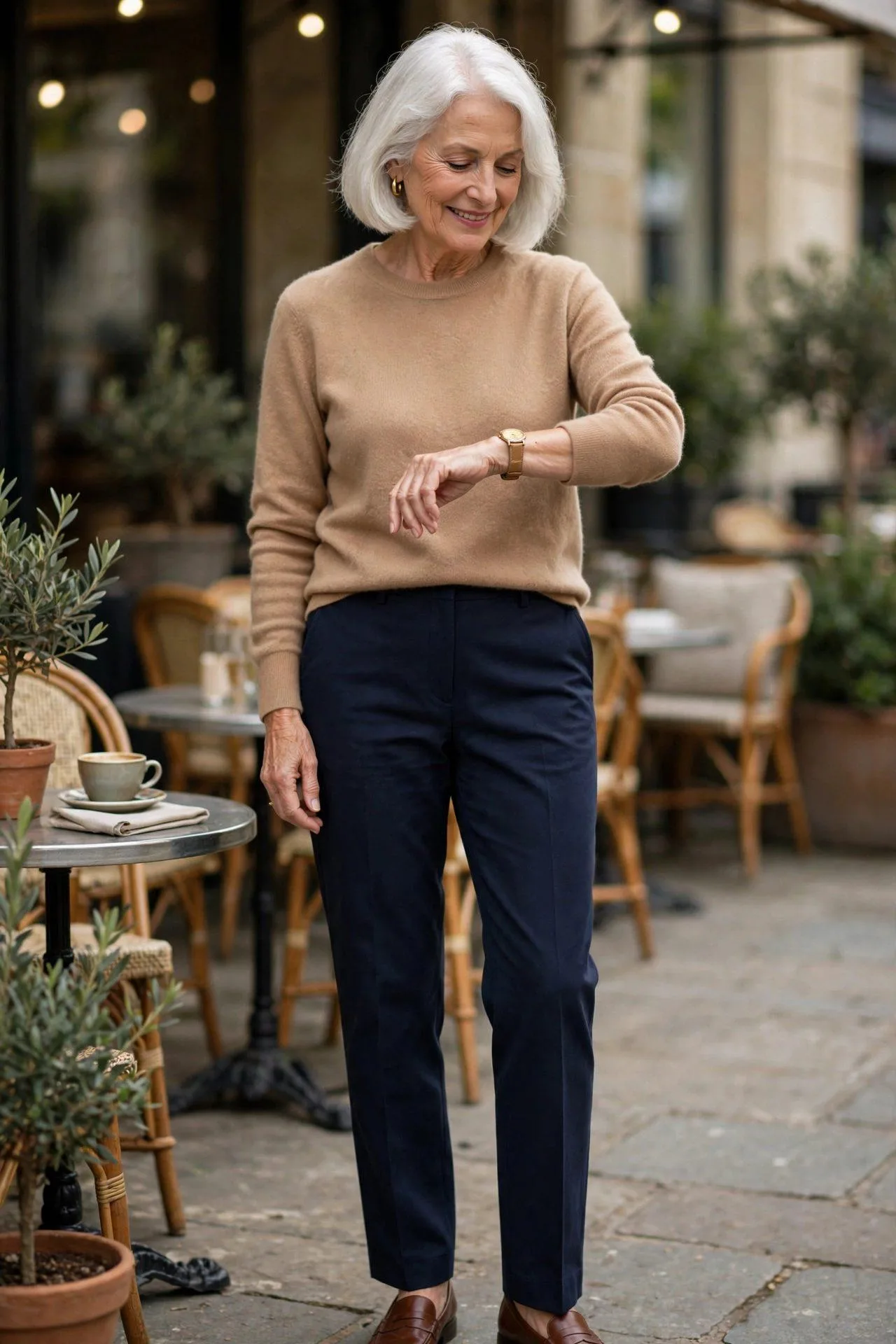 Refined senior woman sporting a slender yellow-gold wristwatch on a caramel strap with a tan jumper and dark pants.