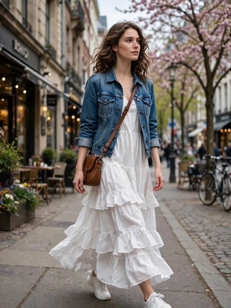 Cotton tiered maxi dress layered with a denim jacket.
