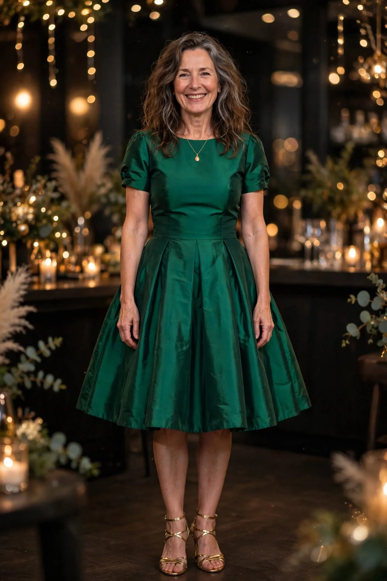 Woman in emerald taffeta cocktail dress