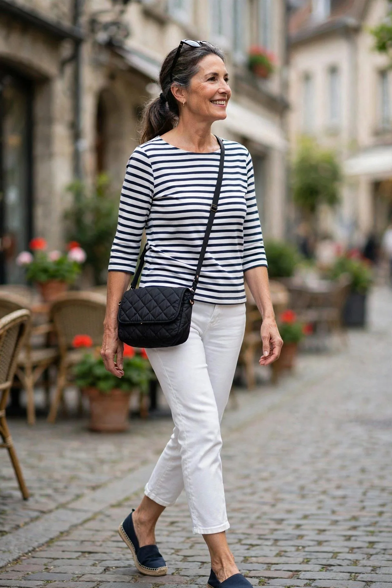 Cheerful mid-fifties woman sporting a hands-free black quilted crossbody purse while strolling abroad.