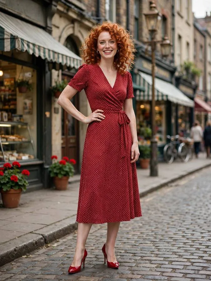 A woman in a polka-dot wrap midi dress with red heels.
