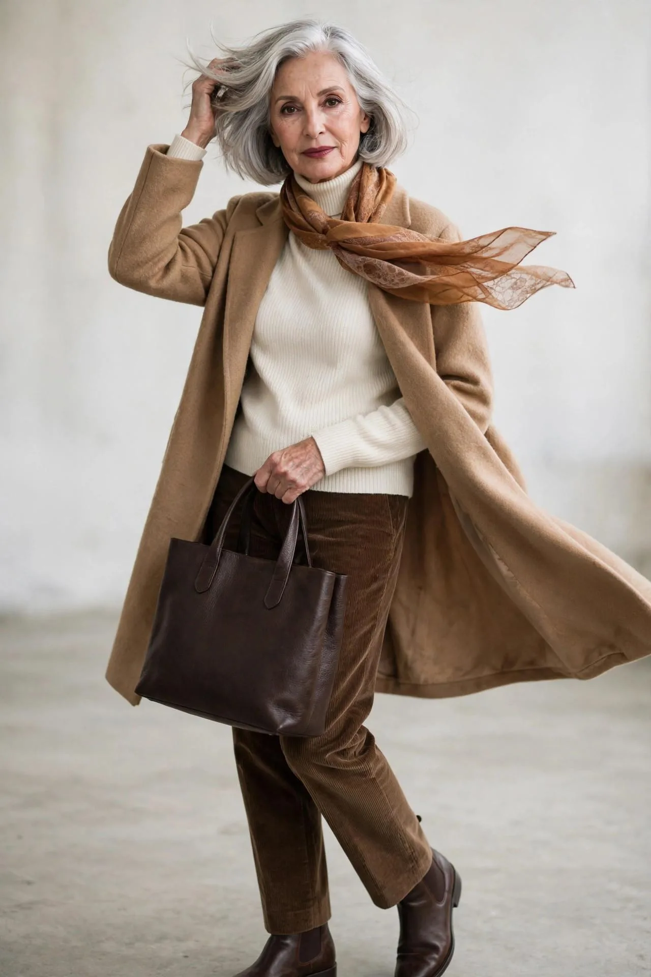 Stylish mature woman in chocolate corduroy trousers, ivory roll-neck sweater and tan wool coat.