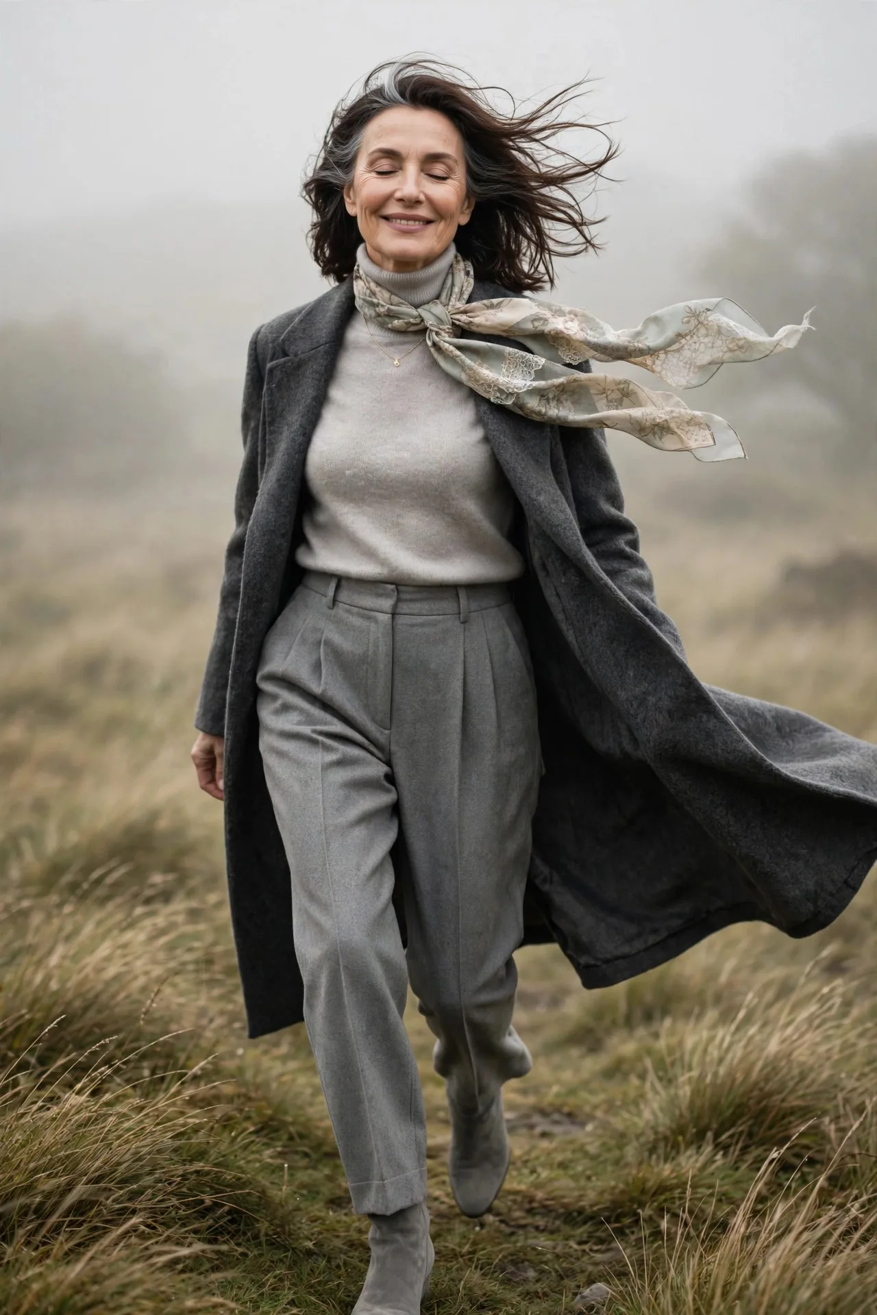 Tonal Grey River — A pearl-grey cashmere turtleneck tucked into pleated dove-grey wool trousers, with a longer charcoal wool overcoat, grey ankle boots and a silk scarf.