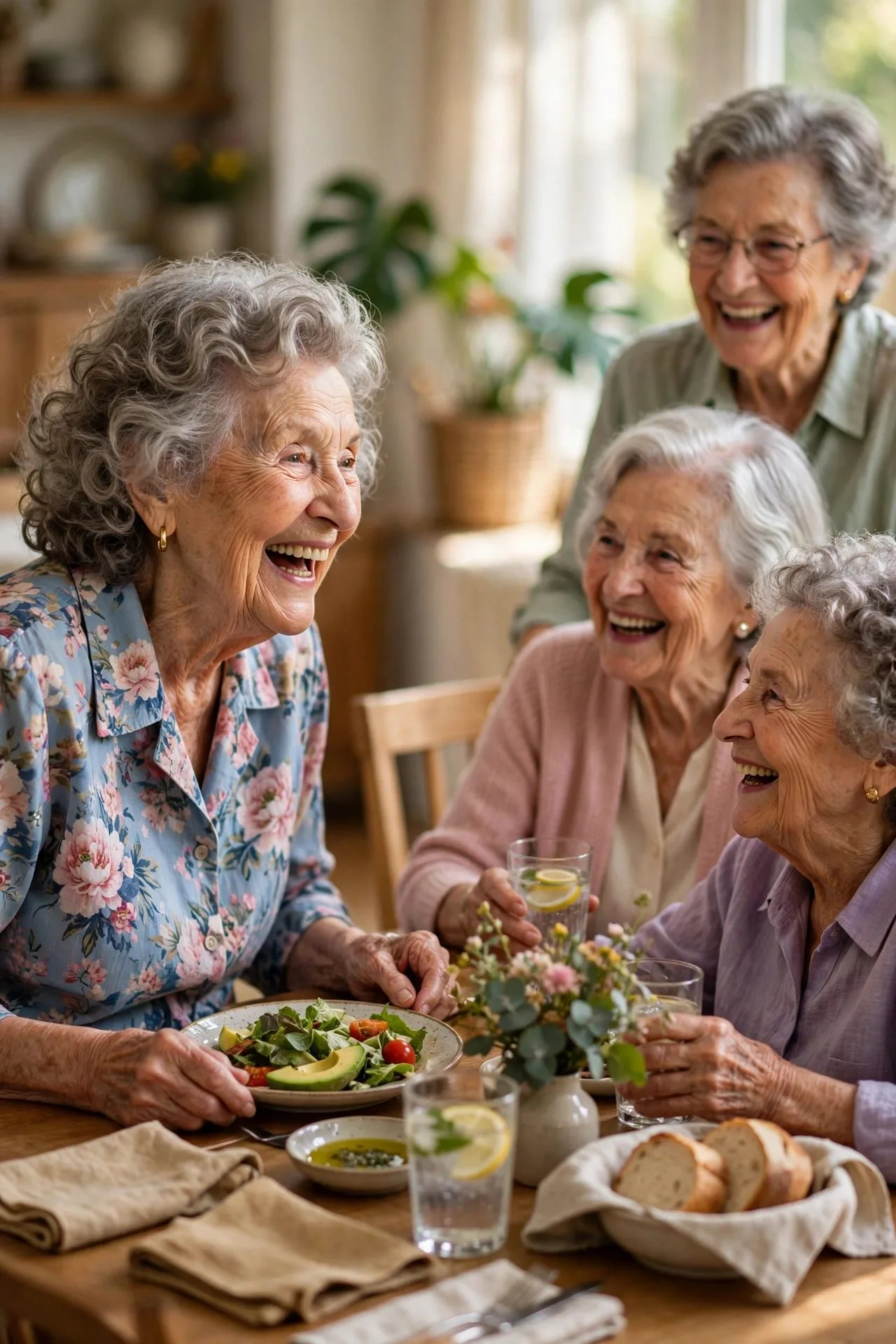 Senior volunteers laughing together while packing charity food boxes.