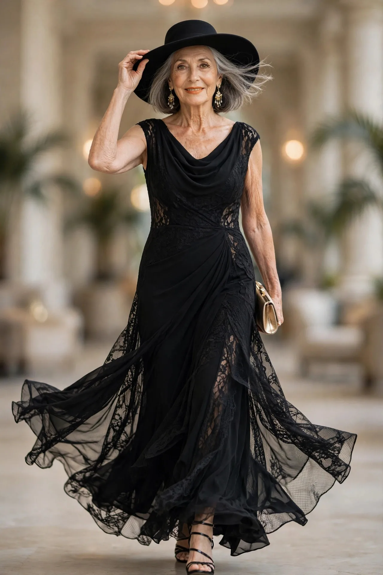 Stunning mature woman in black crepe evening gown with gold accessories