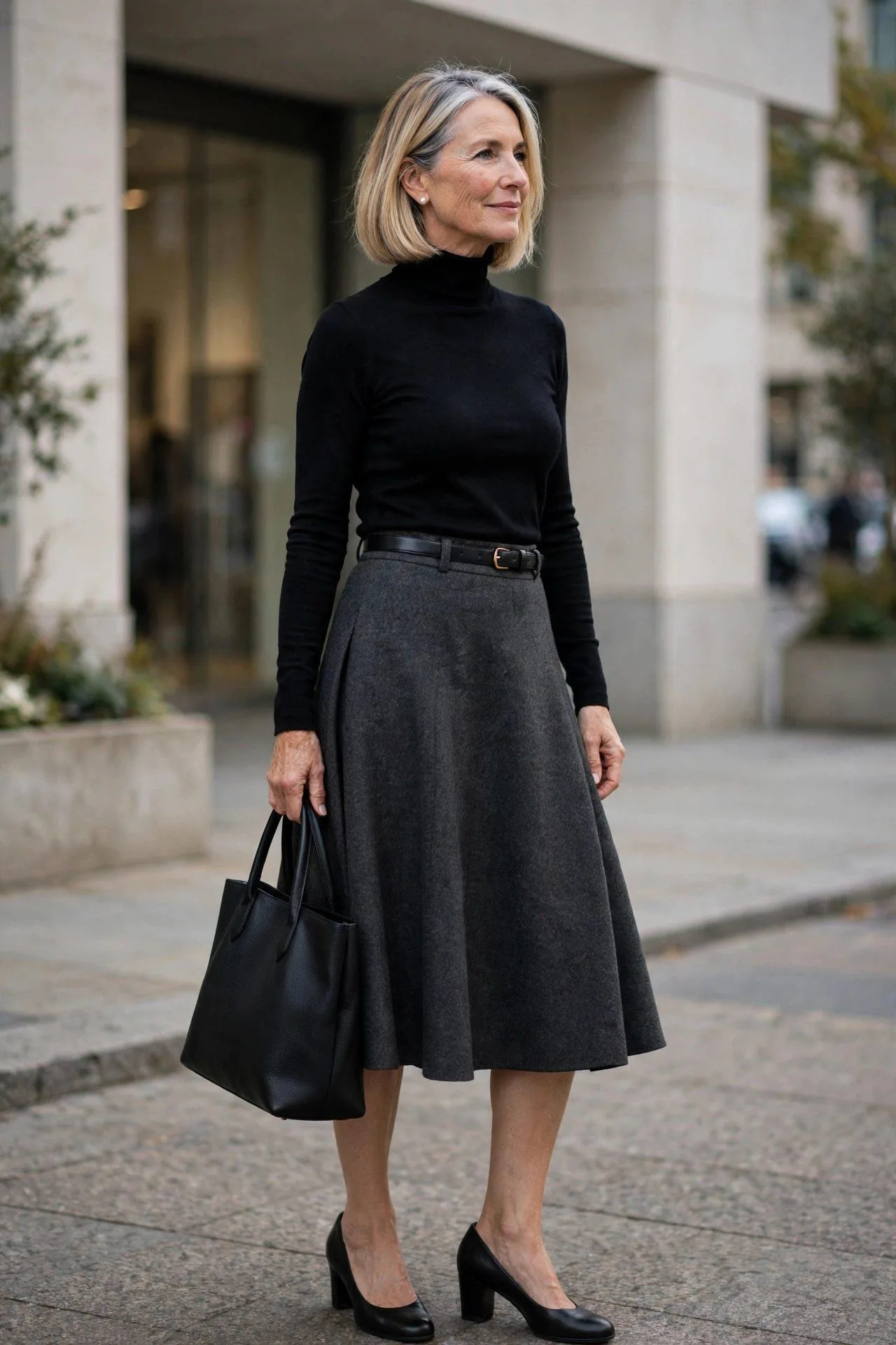Polished woman over fifty dressed in a slate A-line woolen skirt with a black fine turtleneck and sturdy heeled court shoes.
