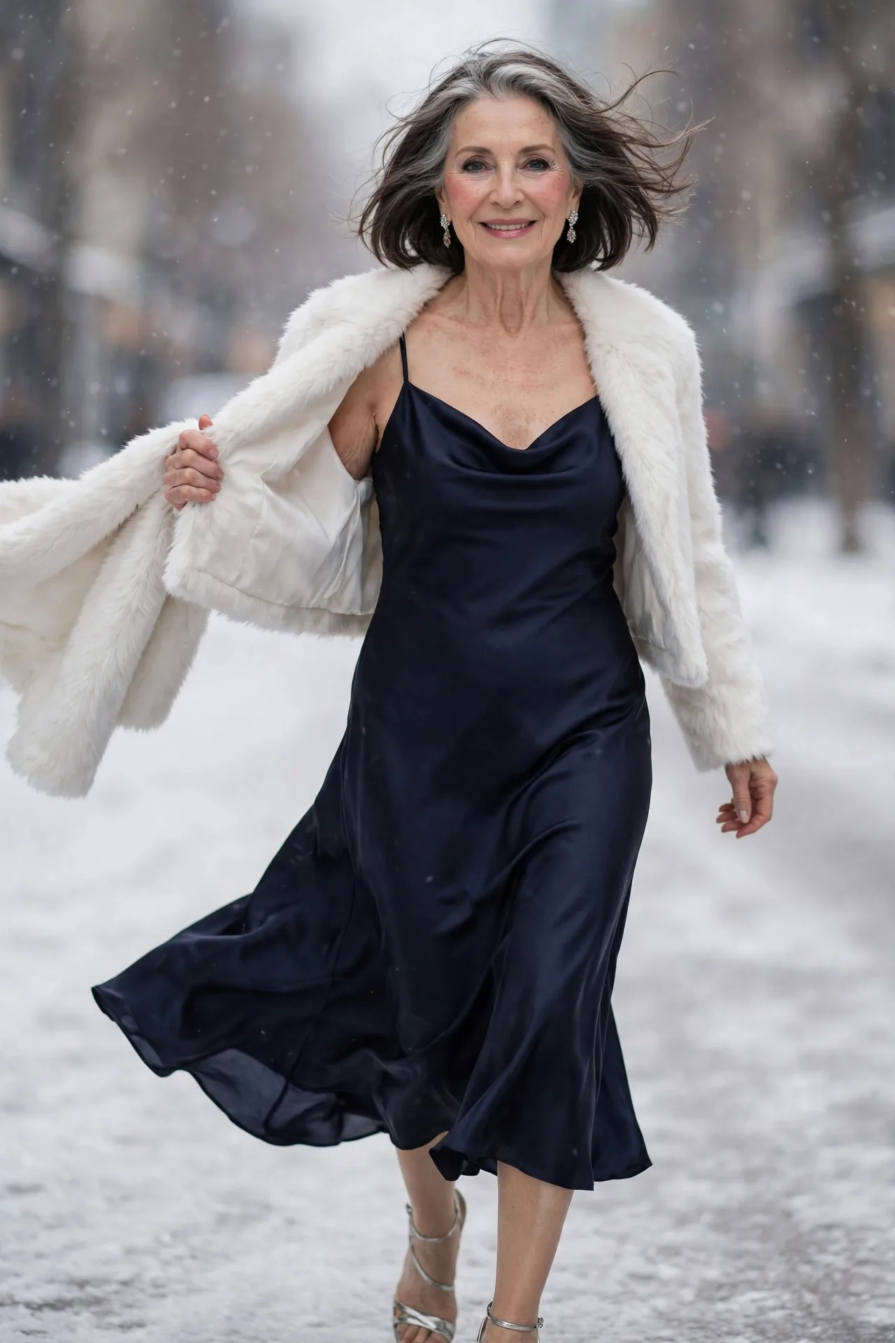 Satin Midnight Slip — A midnight-navy bias-cut satin slip midi dress with thin straps and a cowl neckline, layered under a cropped white faux-fur jacket, with silver strappy heeled sandals.
