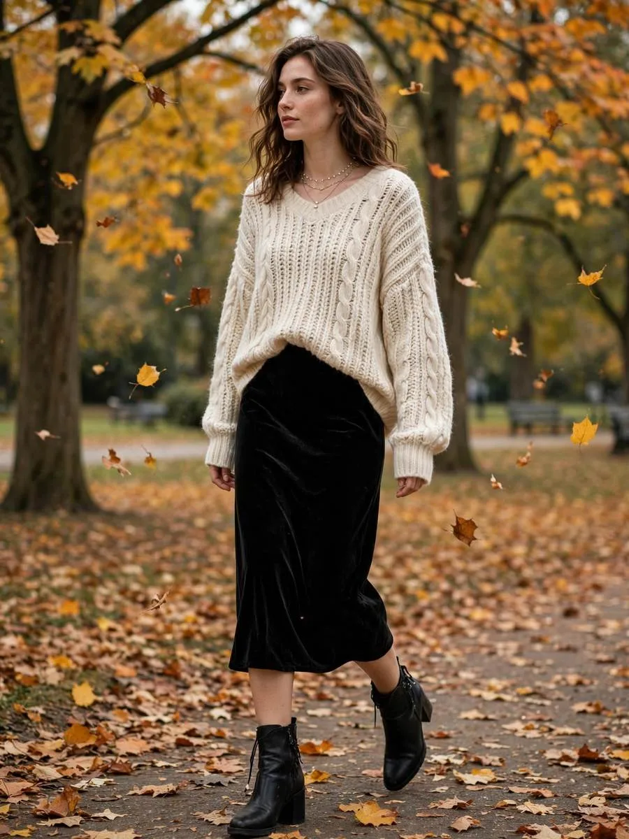 Black velvet slip skirt paired with an oversized cream sweater.
