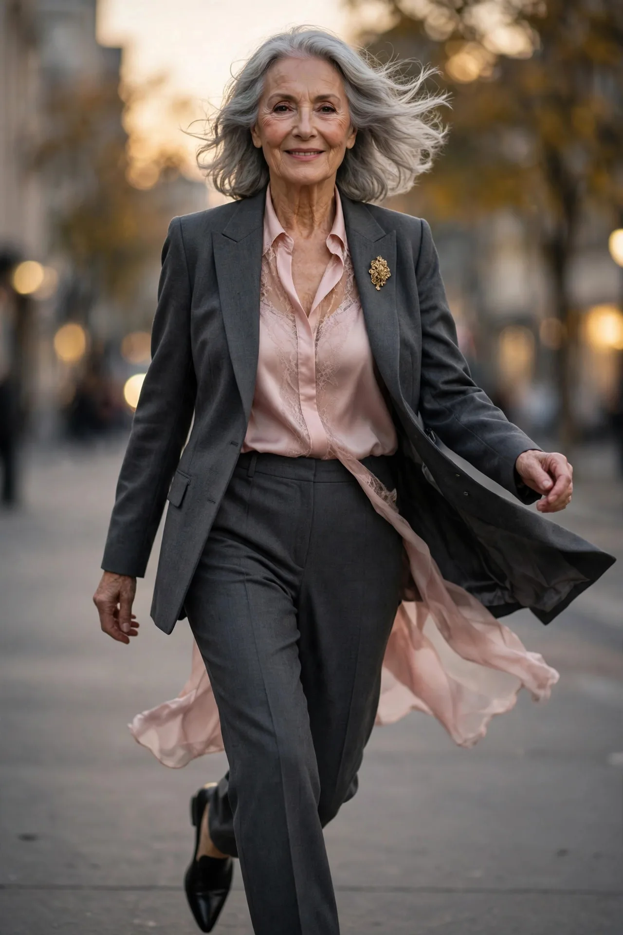 Confident mature woman wearing charcoal tailored pantsuit with silk blouse