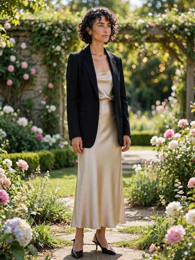 Black blazer over champagne satin slip skirt with kitten heels for daytime elegance.