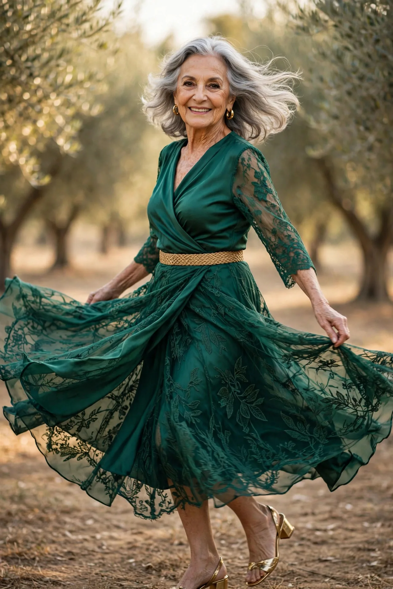 Wrapped in Silk — An emerald silk wrap midi dress with three-quarter sleeves and a true wrap waist, paired with low block-heel sandals and gold hoop earrings.