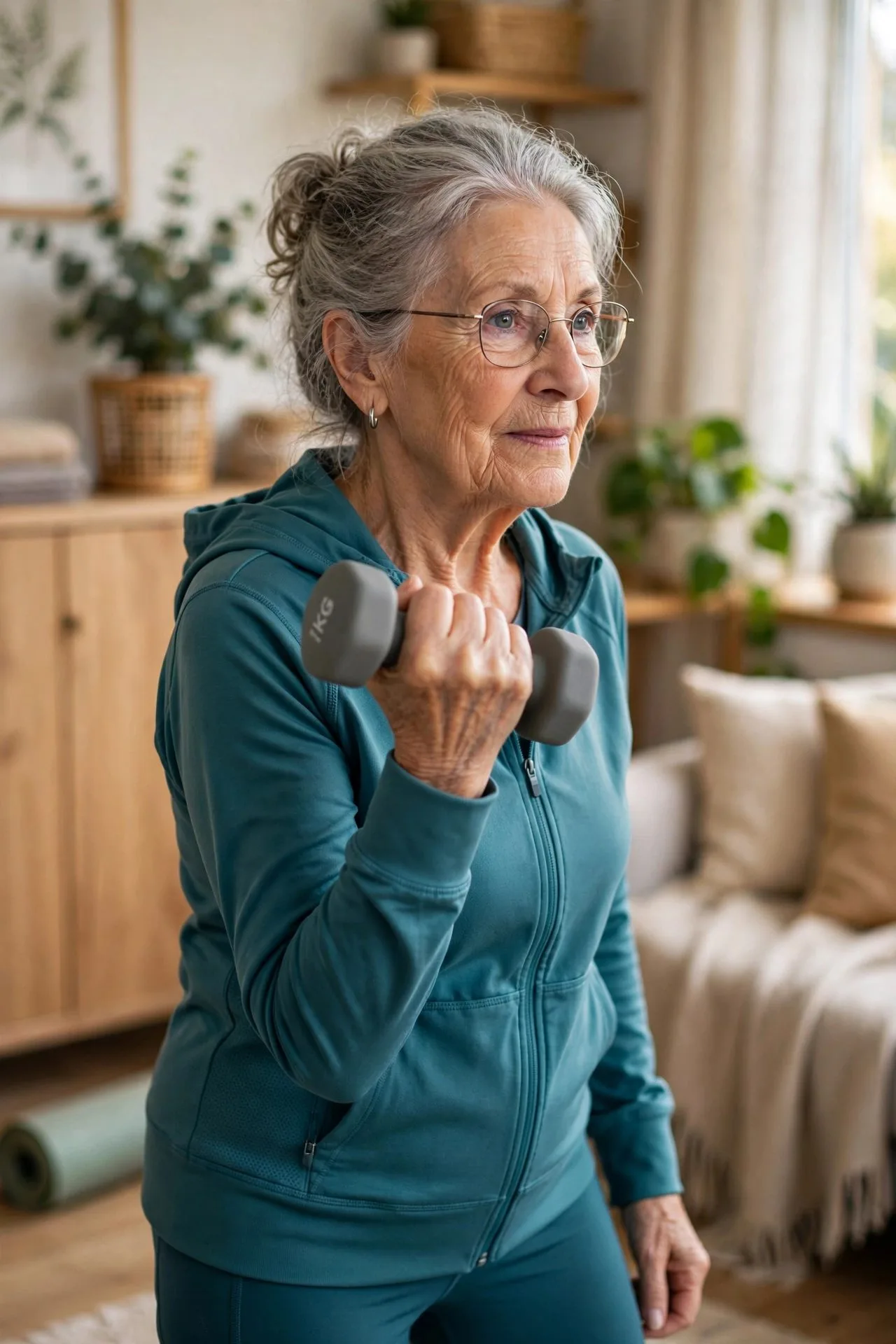 Older woman doing gentle resistance band exercises at home.