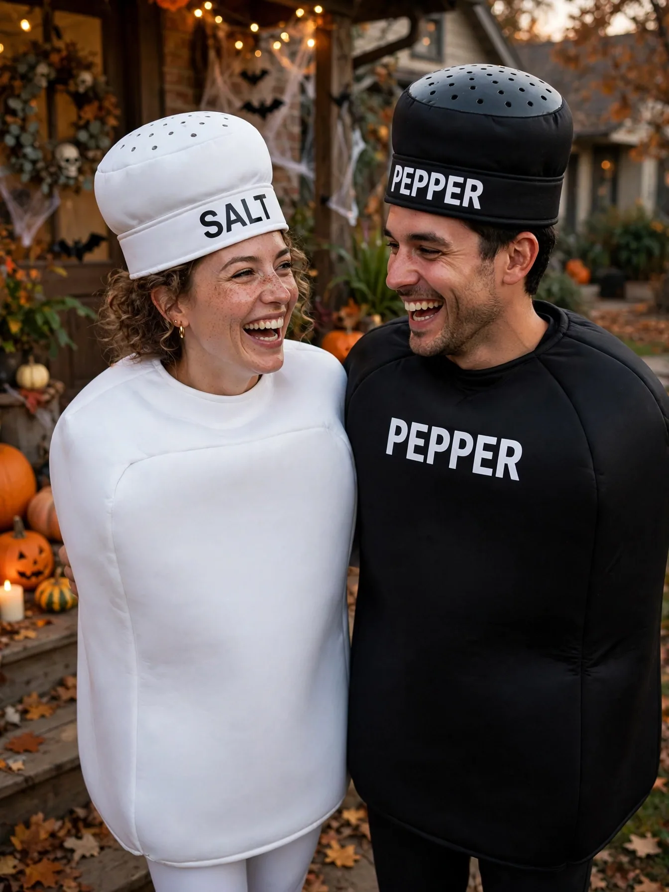 A laughing couple dressed as salt and pepper shakers in black and white.