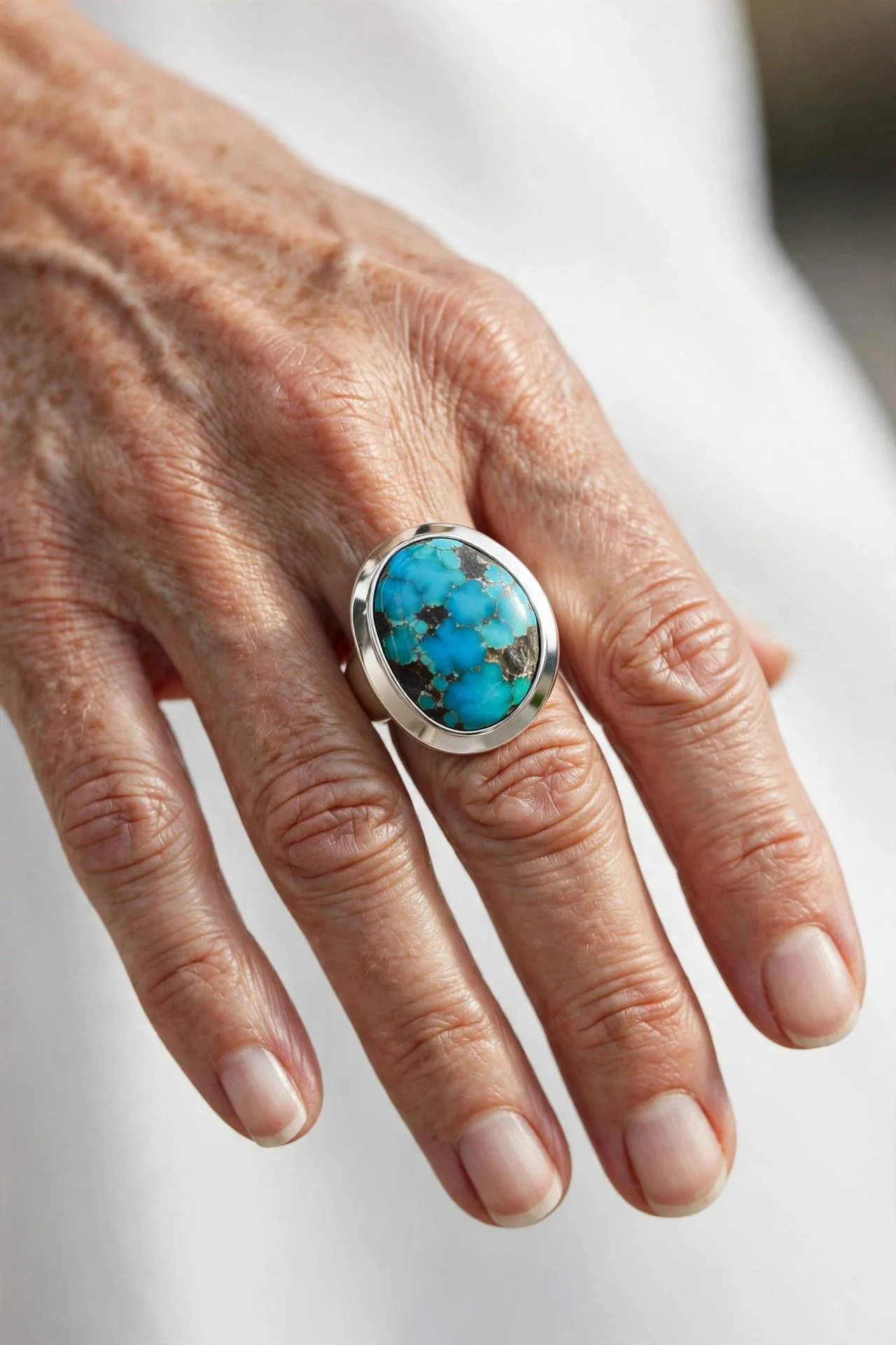 Eye-catching turquoise ring with organic matrix patterns in a modern setting.