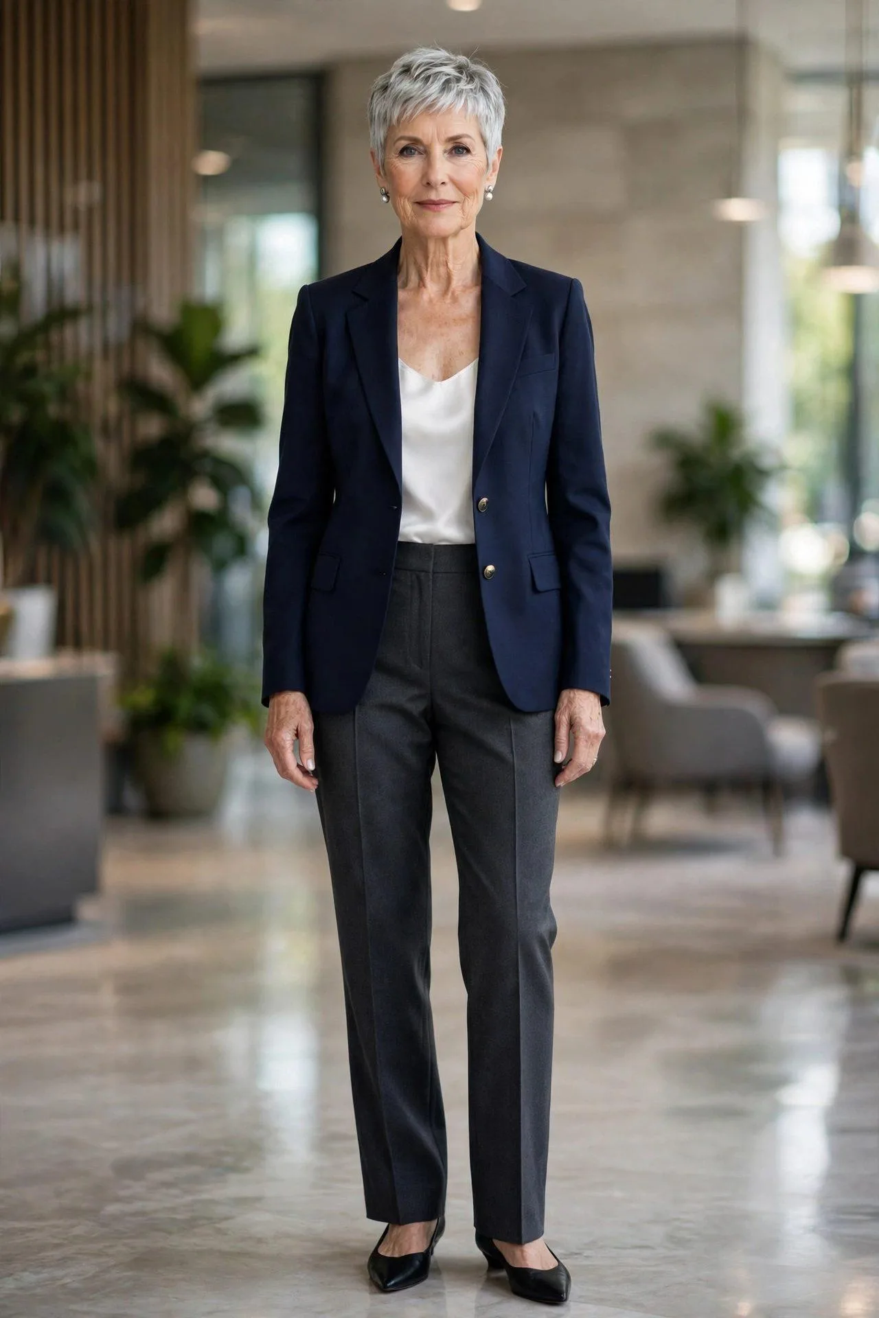 Professional mature woman in tailored navy jacket and grey slacks