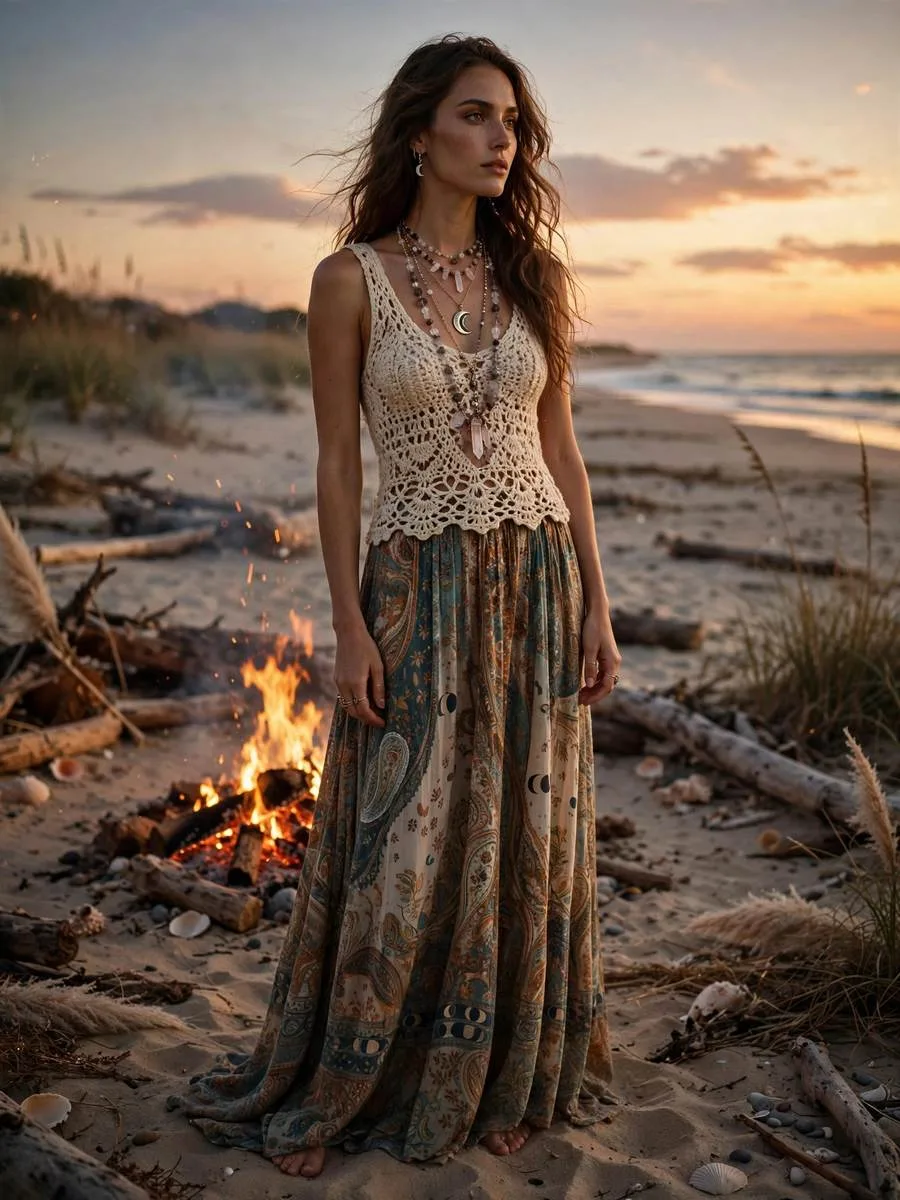 Crochet top with flowing maxi skirt and layered crystal necklaces.