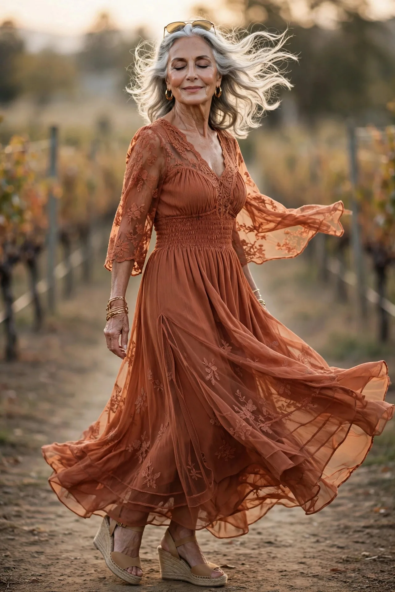 Golden Hour Maxi — A terracotta crêpe maxi dress with a smocked bodice, defined waist and flowing skirt, worn with espadrille wedges and layered gold bracelets.