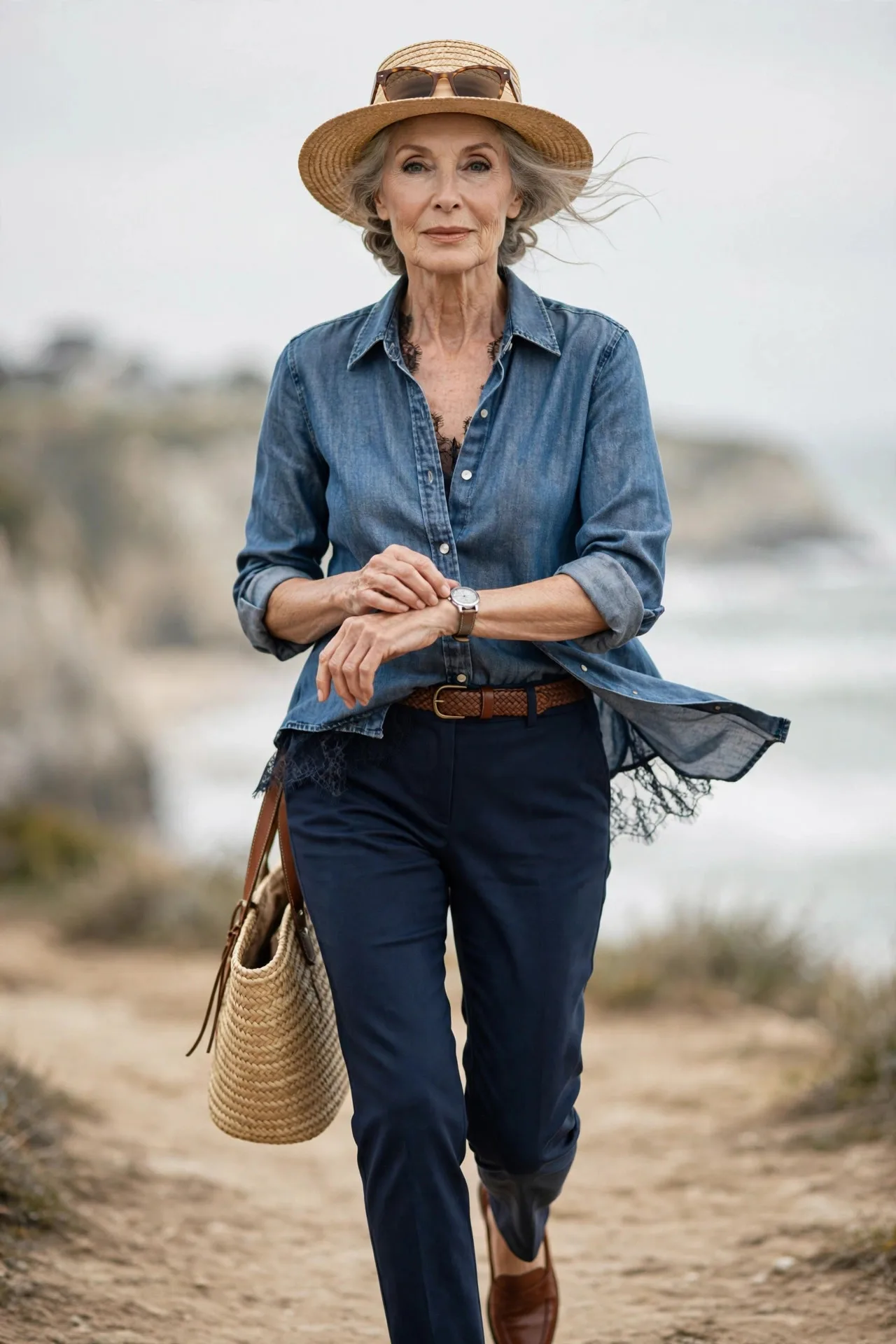 Denim Shirt Doctrine — A chambray denim shirt with mother-of-pearl buttons, sleeves rolled, tucked into navy flat-front chinos, with brown leather loafers and a woven belt.