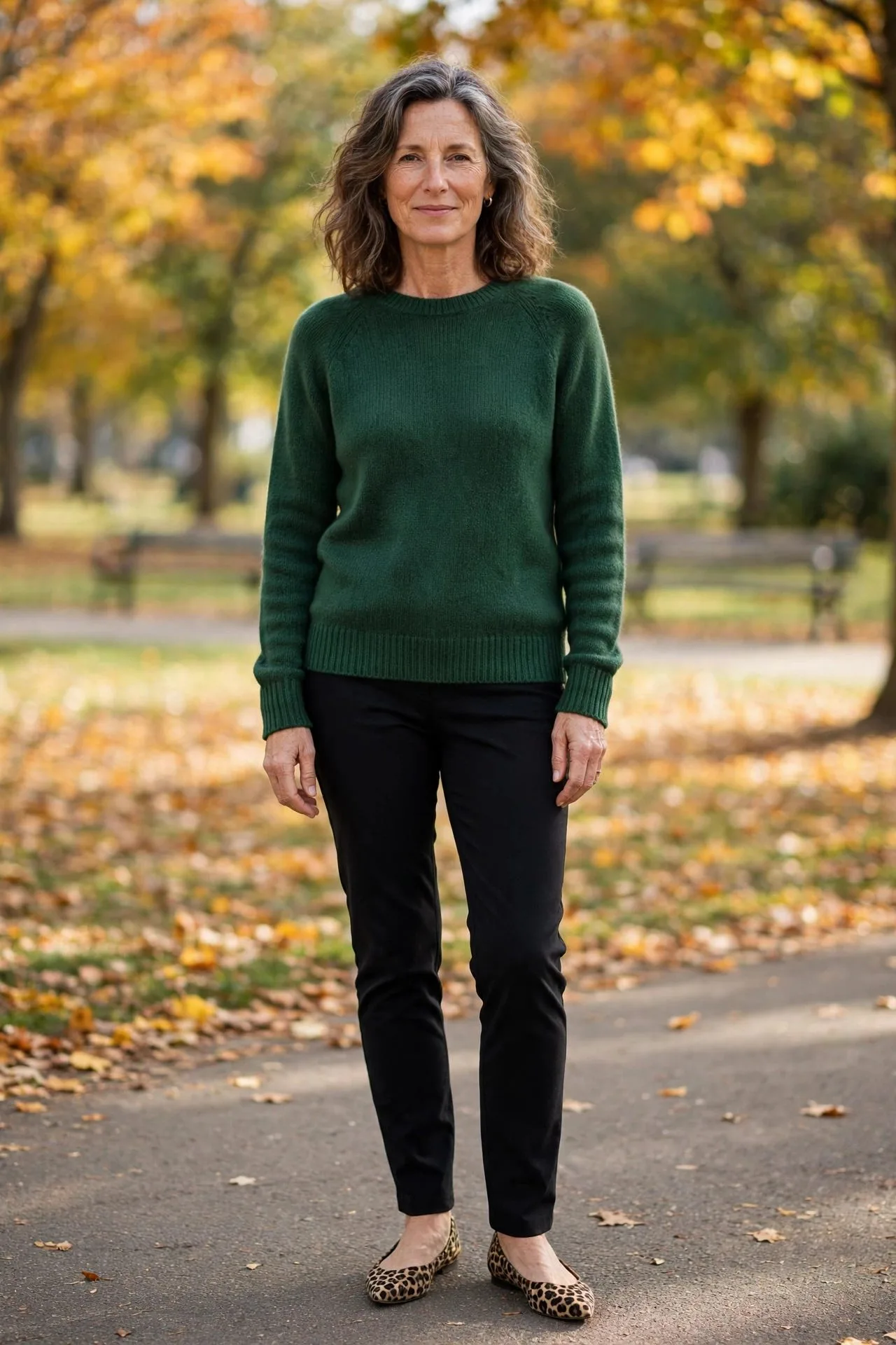 Woman over 50 in forest green sweater with leopard flats.