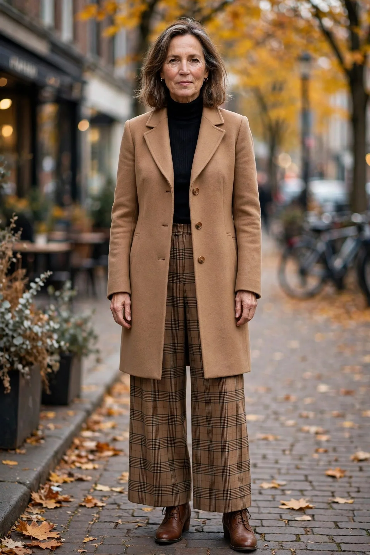 Woman over 50 in camel coat with plaid wide-leg cropped pants.