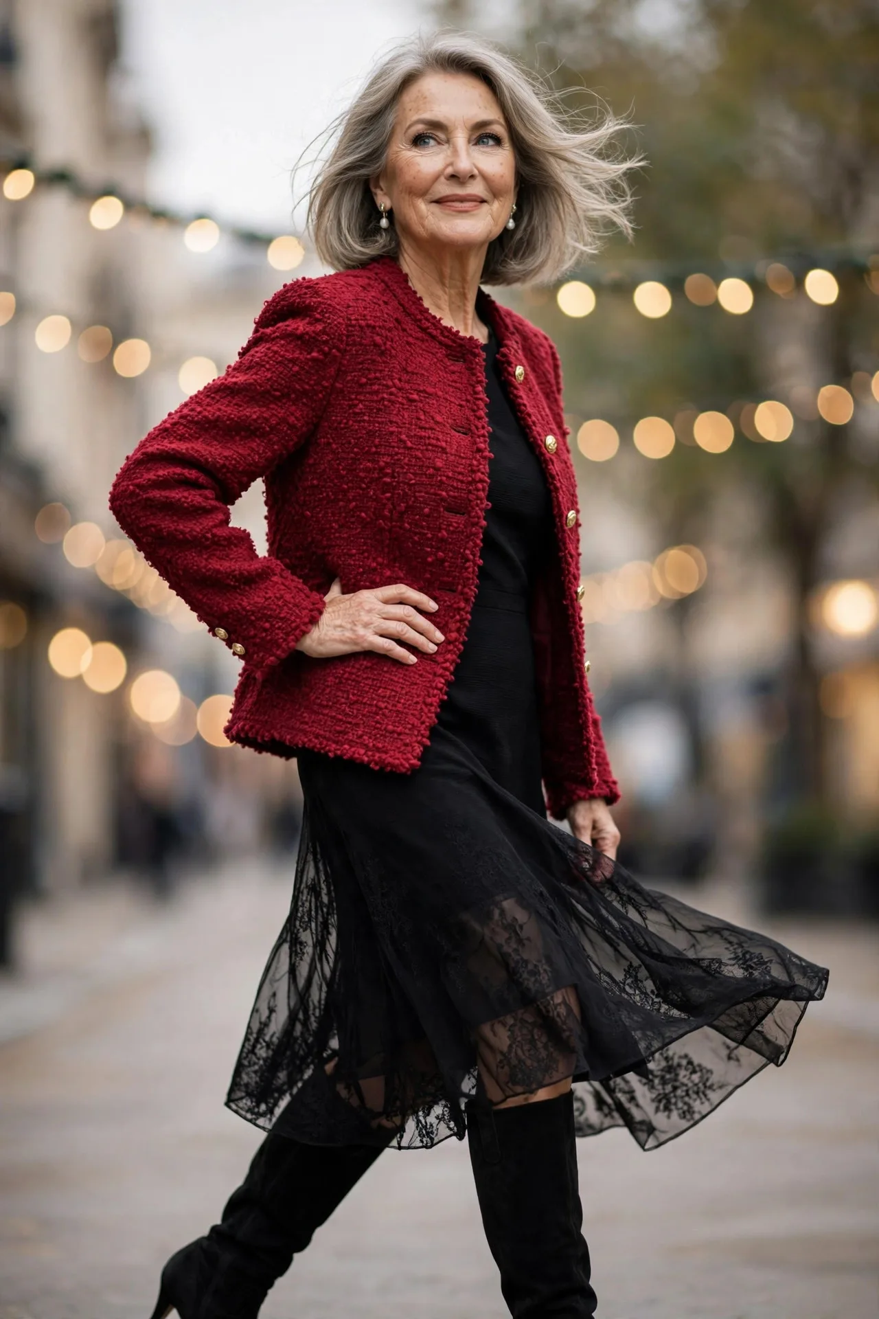 Cranberry Tweed Grace — A cranberry-red bouclé tweed jacket with gold buttons worn over a black crepe sheath midi dress, with black suede knee-high boots.