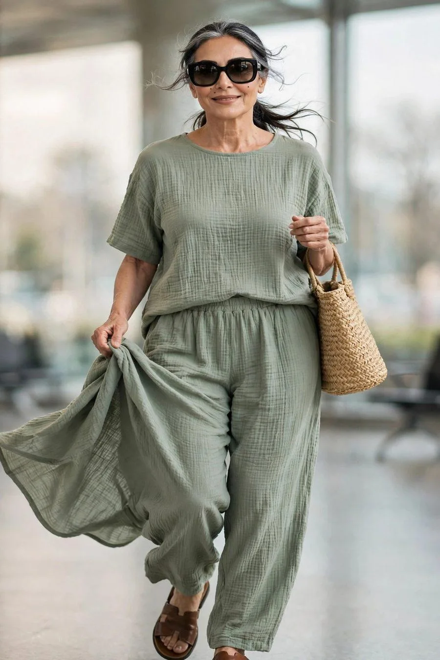 Mature woman in sage gauze two-piece set with leather slides traveling
