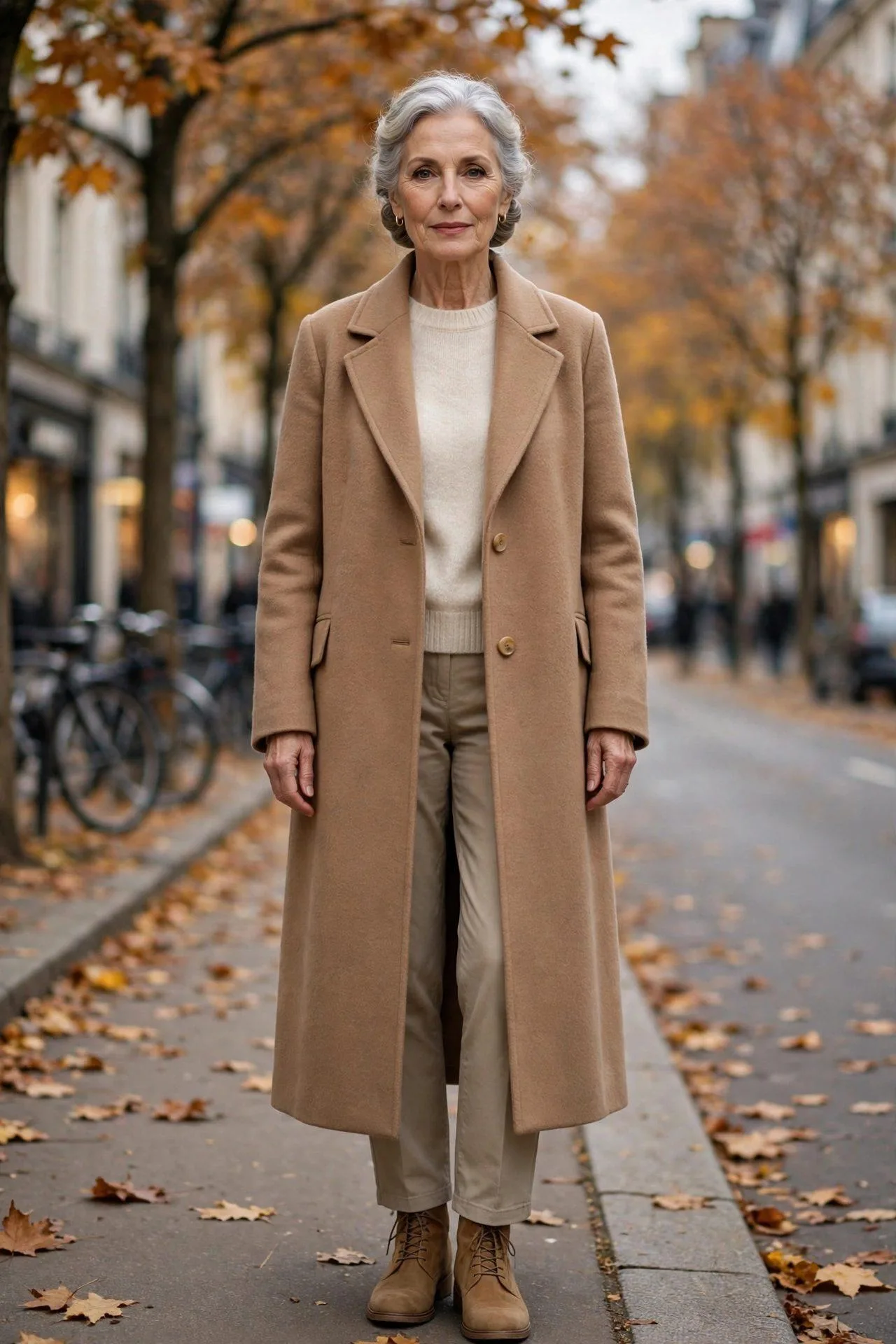 Classic camel coat worn by elegant woman over tonal neutrals
