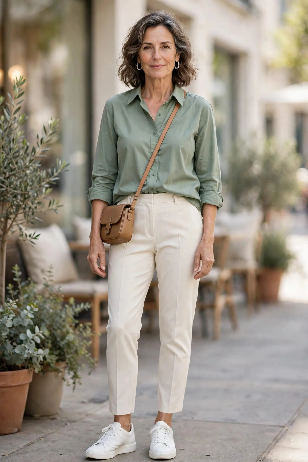 Woman over 50 in sage poplin shirt and ivory tapered trousers