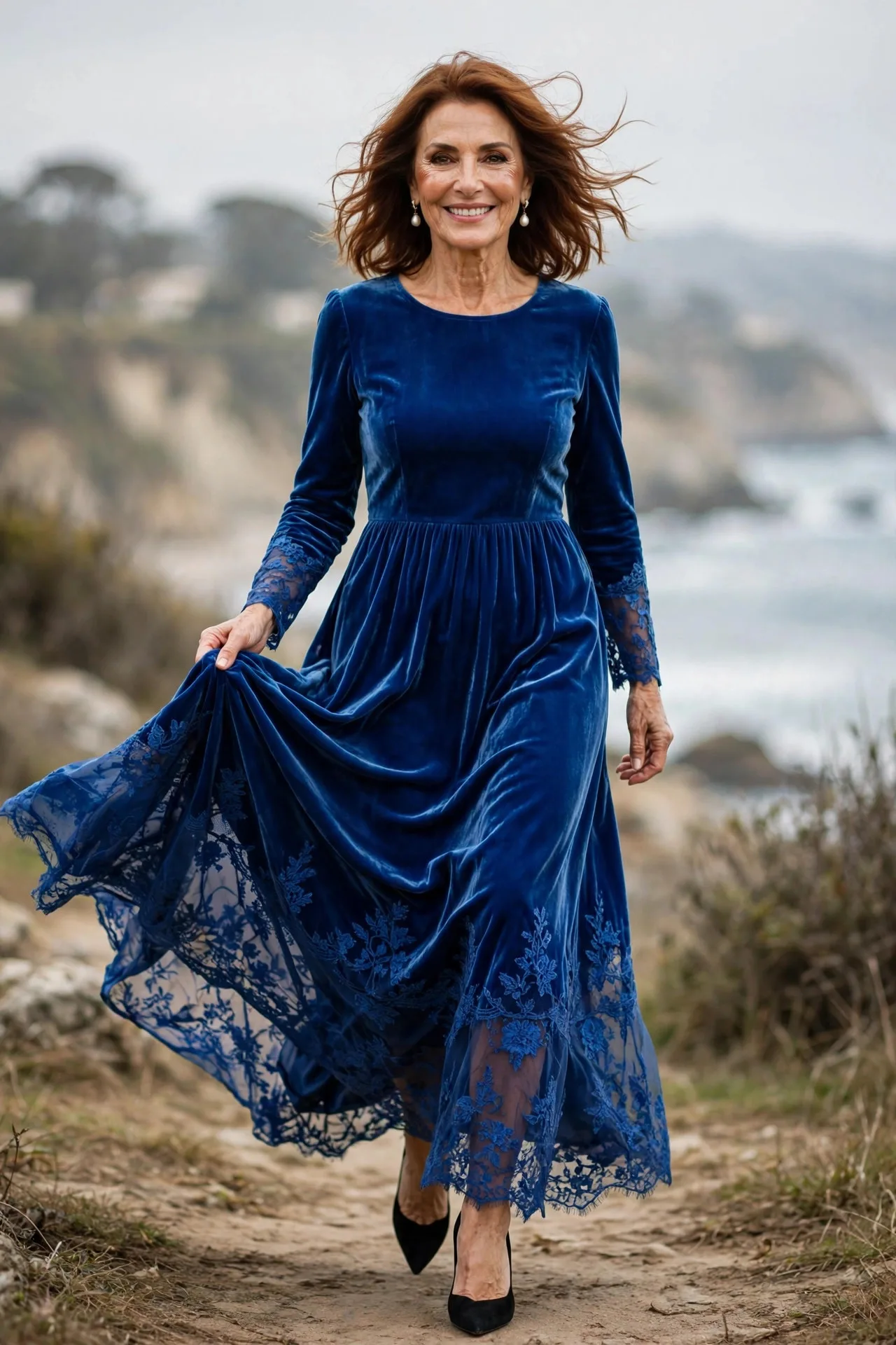 Cobalt Velvet Vision — A cobalt-blue velvet maxi dress with long sleeves, an empire waist and a flowing skirt, worn with black suede pointed-toe heels.