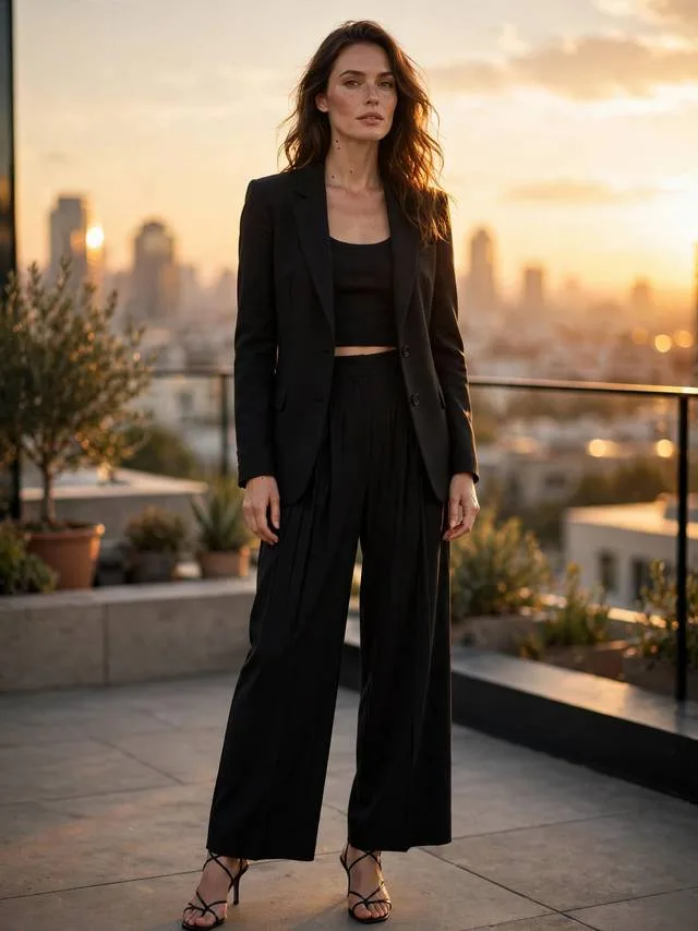 Black blazer with black crop top, pleated wide-leg trousers and strappy heels.