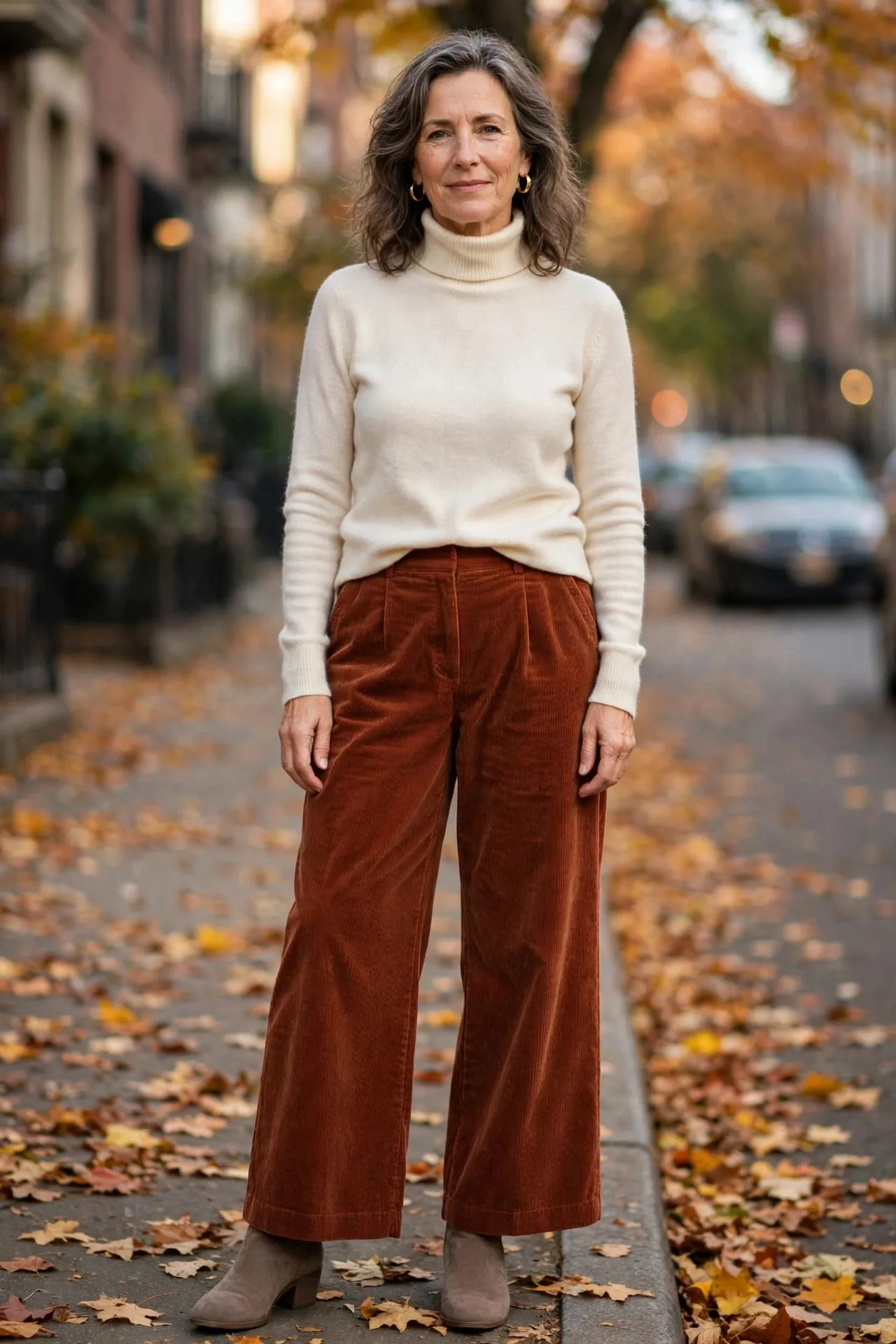 Woman over 50 wearing burgundy corduroy pants and cream turtleneck.