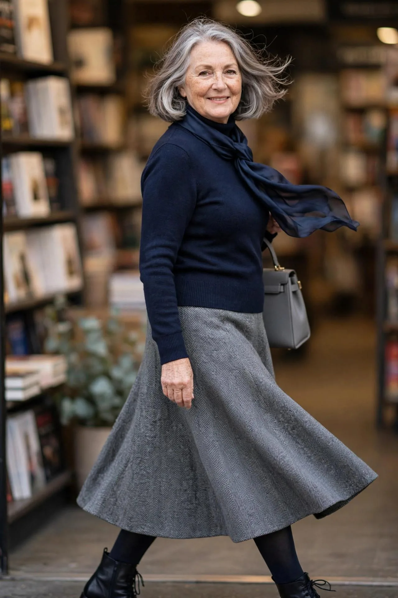 Neat mature woman wearing navy turtleneck, grey flannel midi skirt, tights and ankle boots.