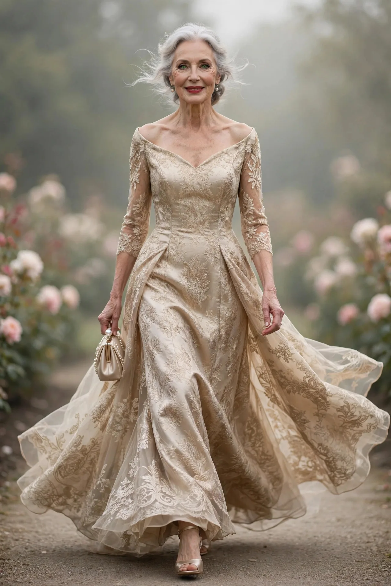 Evening Elegance — A floor-length champagne brocade gown with a portrait neckline and three-quarter sleeves, paired with satin low-heel evening sandals.