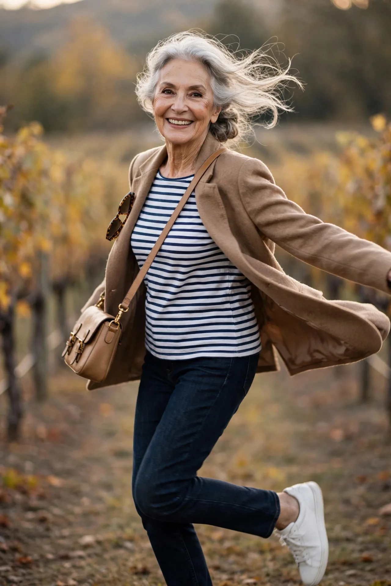 Breton Left-Bank — A navy-and-white striped Breton cotton tee with dark slim indigo jeans, an unstructured camel wool blazer and white leather sneakers.