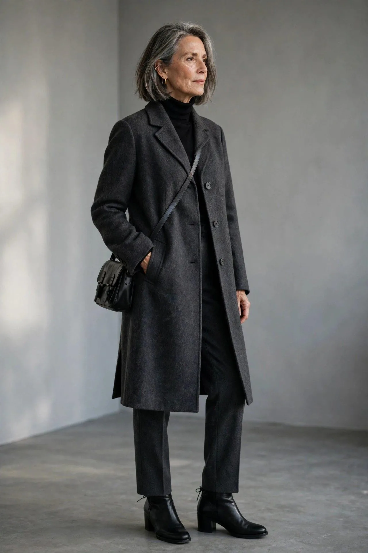 Composed older woman bundled in a dark grey woolen topcoat above a black fine-knit roll neck, polished cold-weather outfit.