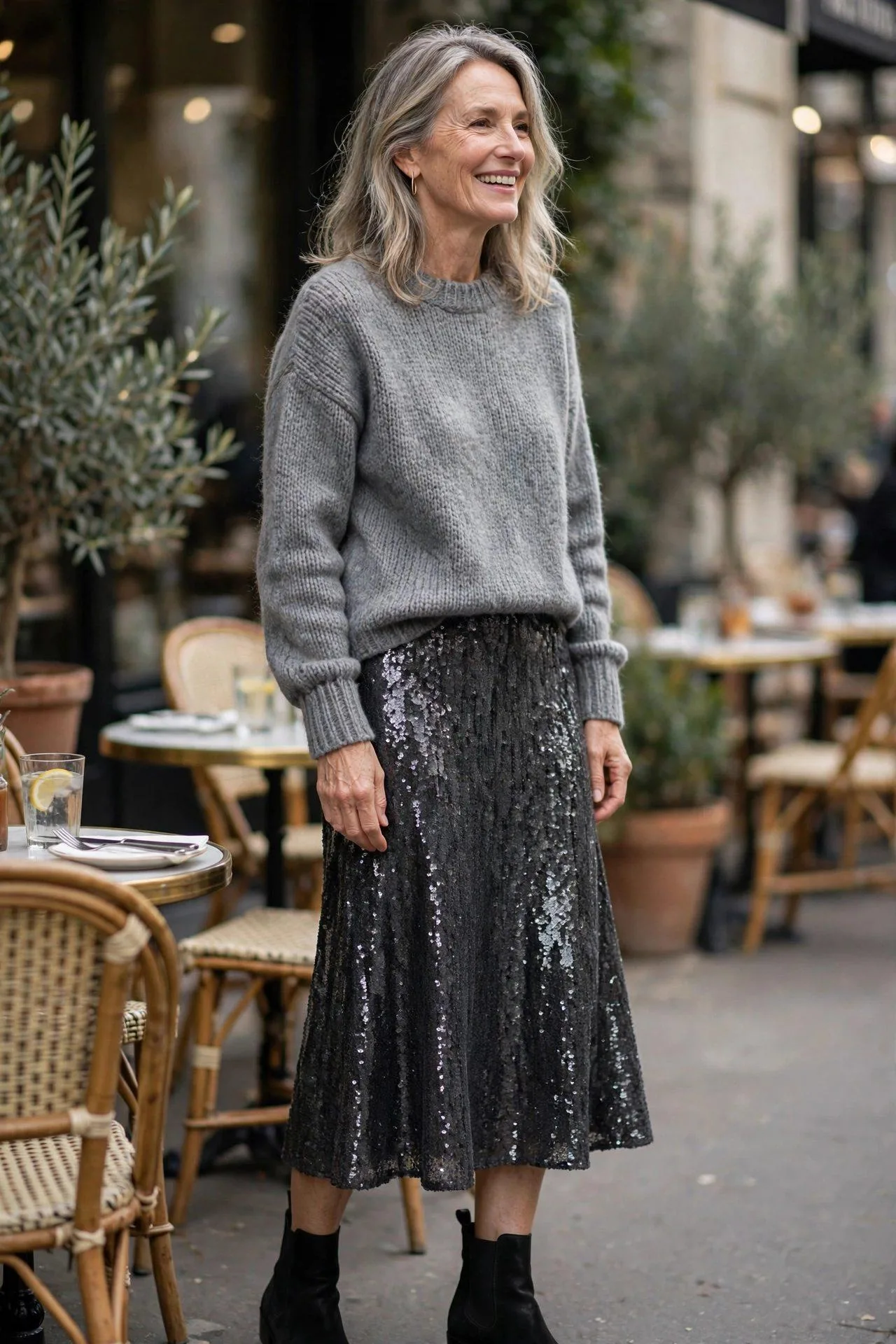 Joyful older woman mixing a shimmering charcoal sequin skirt with a cozy gray knit.