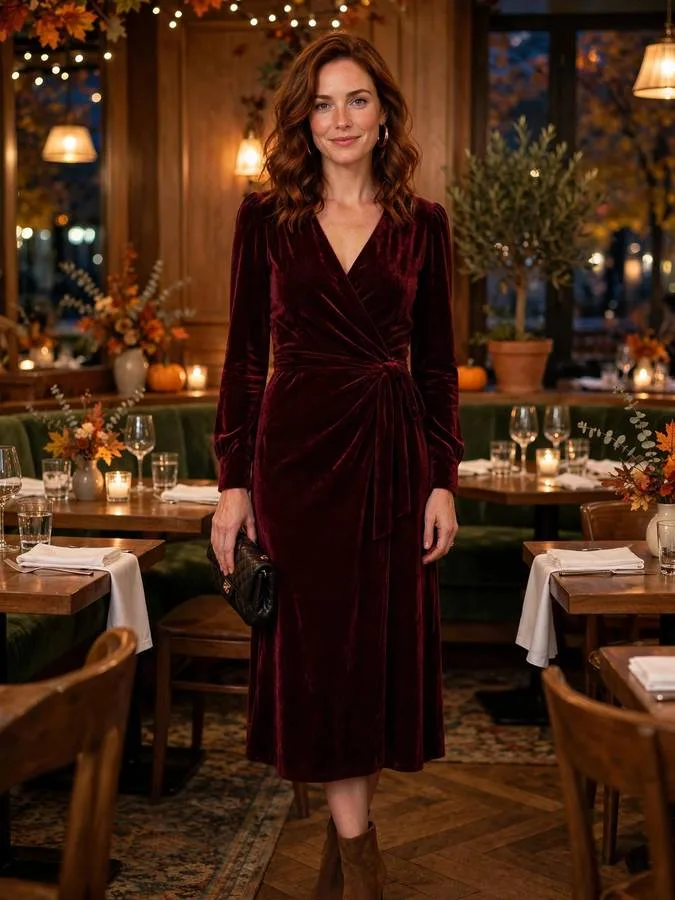 A woman in a burgundy velvet wrap midi dress with gold hoops.