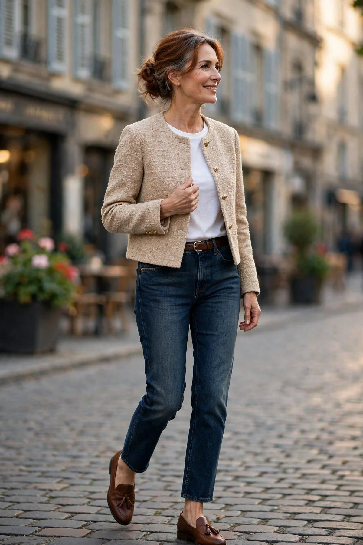 Beige Tweed Jacket & Dark Denim