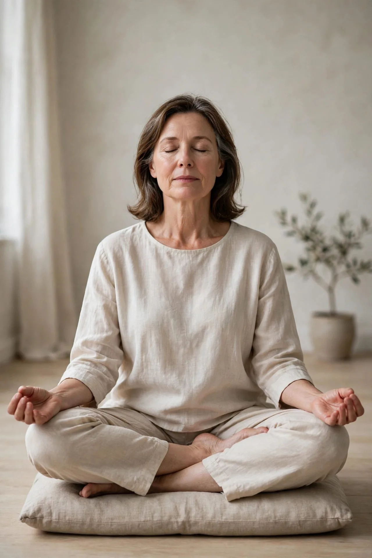 Woman over 50 meditating quietly in a serene home space