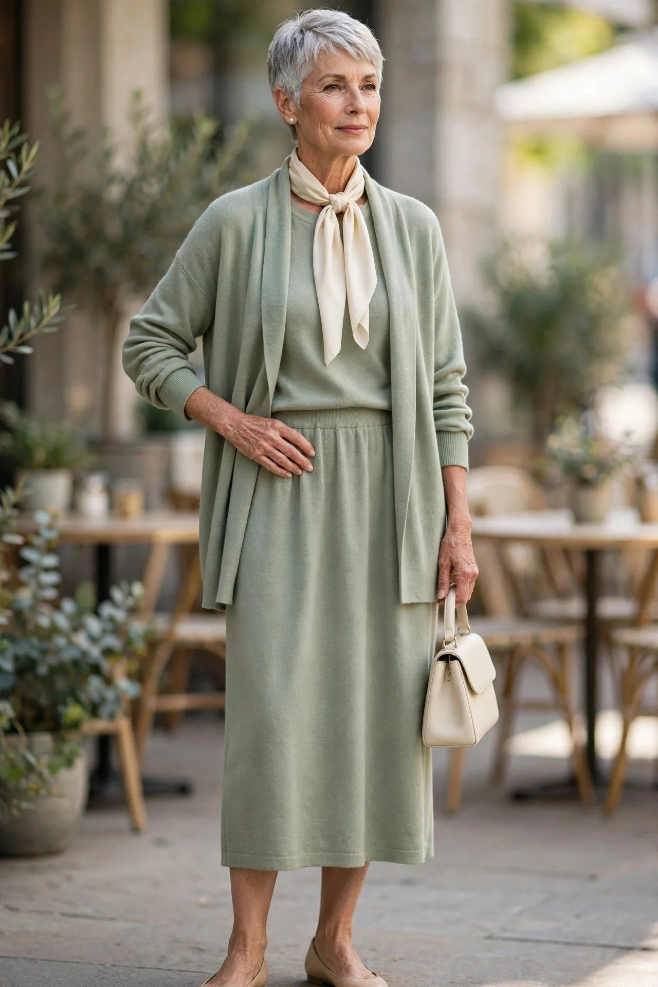 Woman in her early 60s in a tonal sage knit ensemble — relaxed open cardigan and pull-on midi skirt — with a cream neck scarf, pearls, ballet flats and a mini bag.