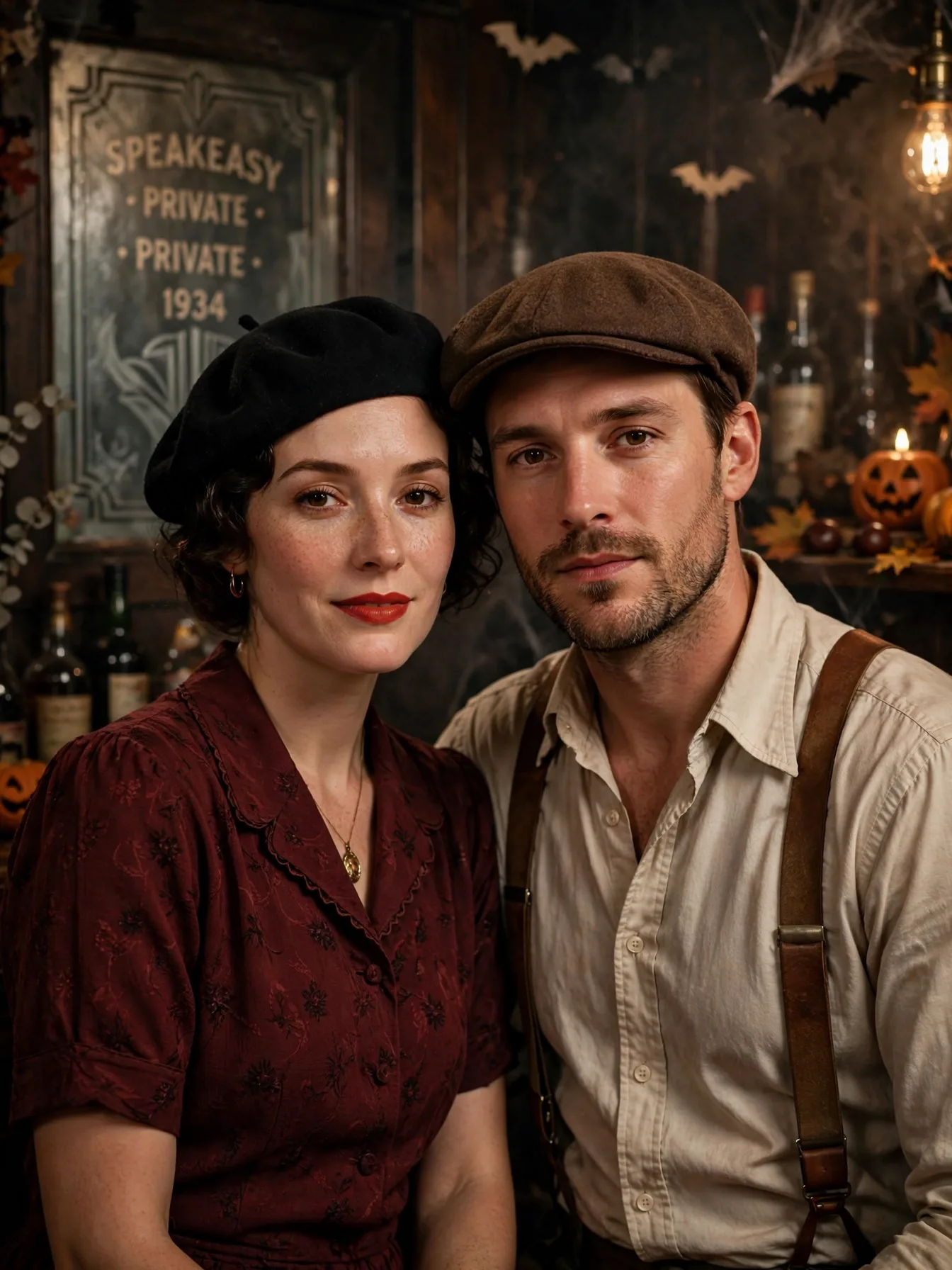 A stylish couple as Bonnie and Clyde in berets and vintage outfits.