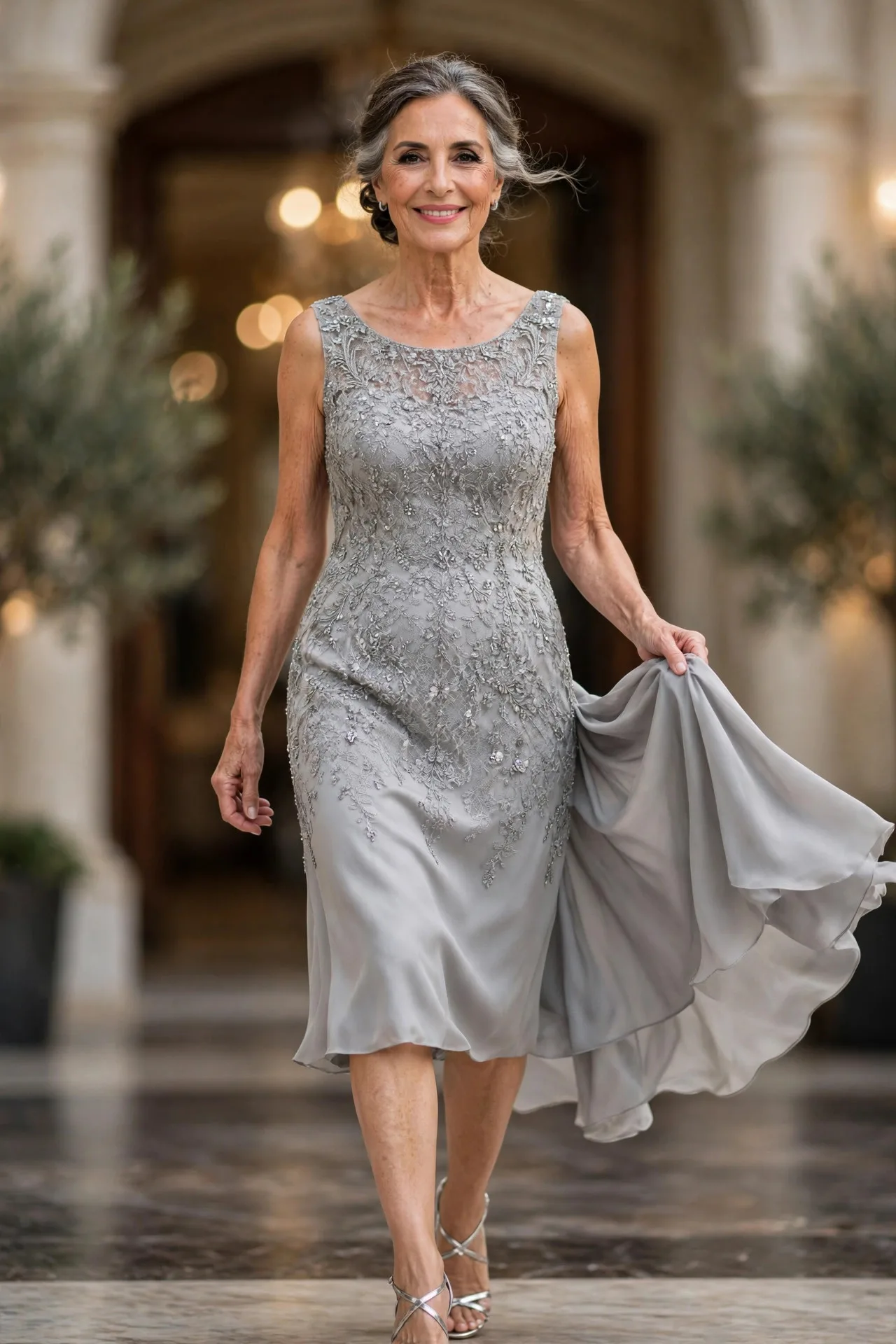 Sophisticated mature woman in silver beaded cocktail dress at evening reception