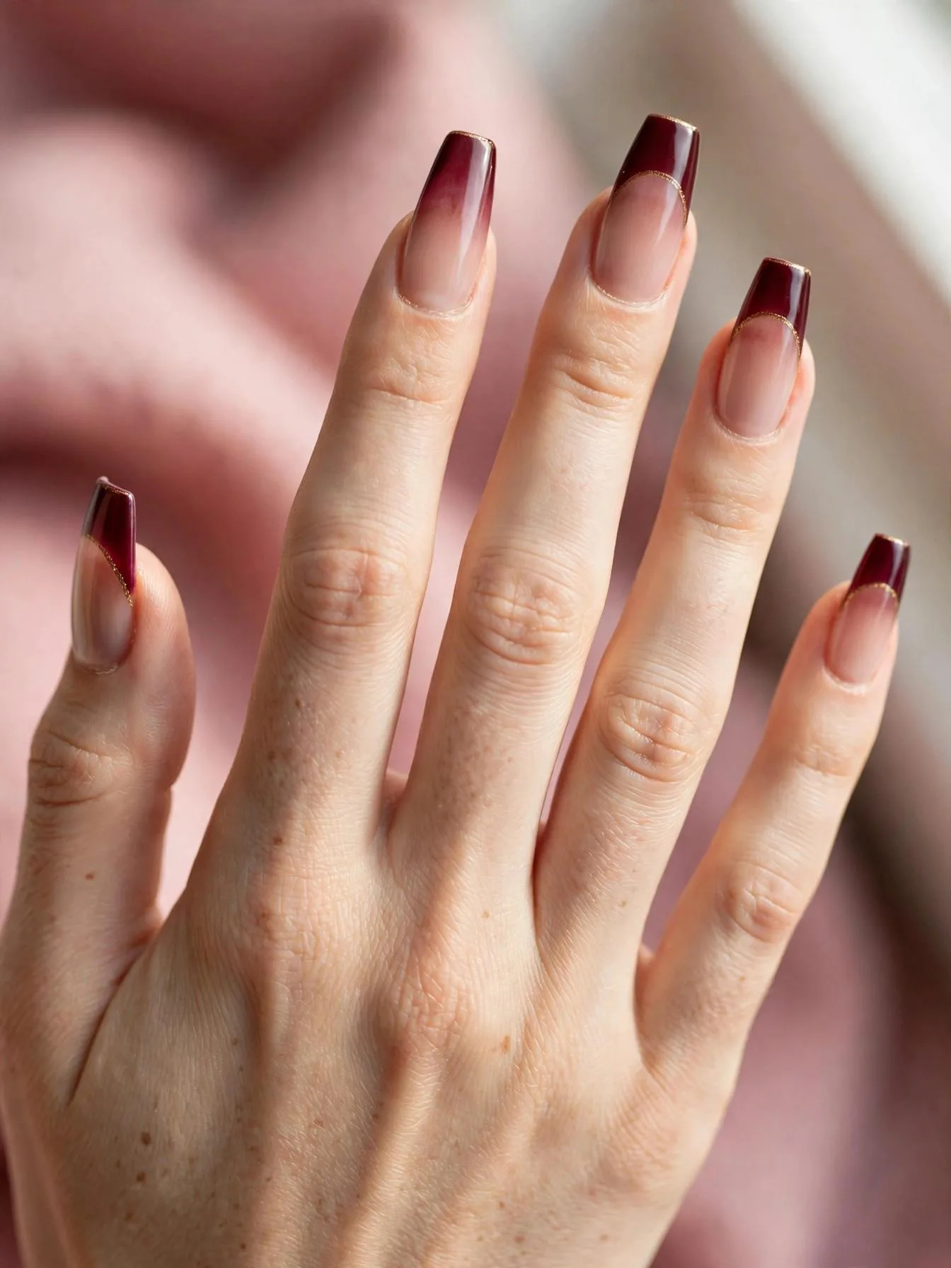 Long coffin nails with burgundy ombré French and gold smile line.