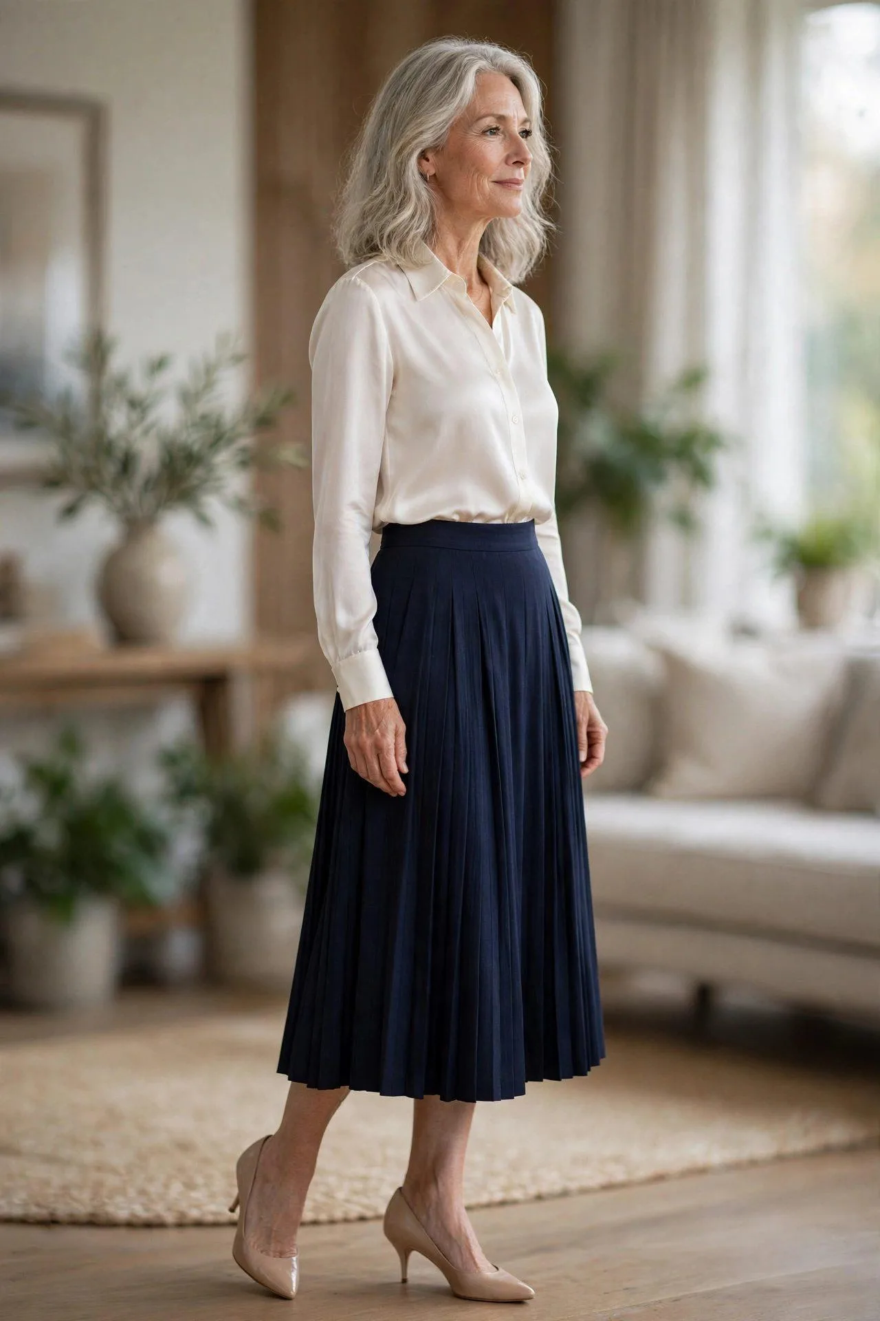 Woman over 50 in navy pleated skirt with elegant ivory blouse tucked in